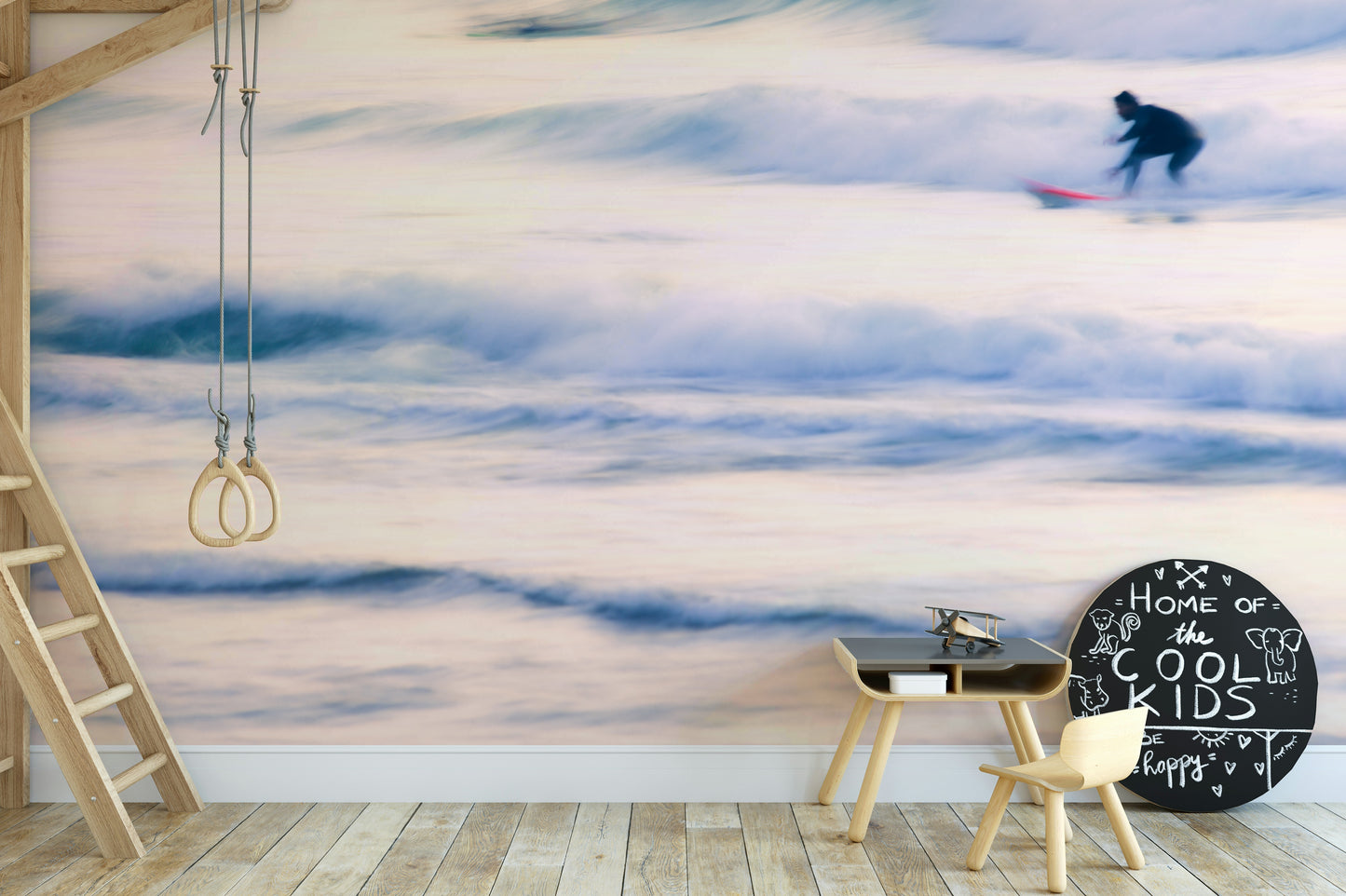 An artistic breaking wave mural on minimalist wallpaper.

