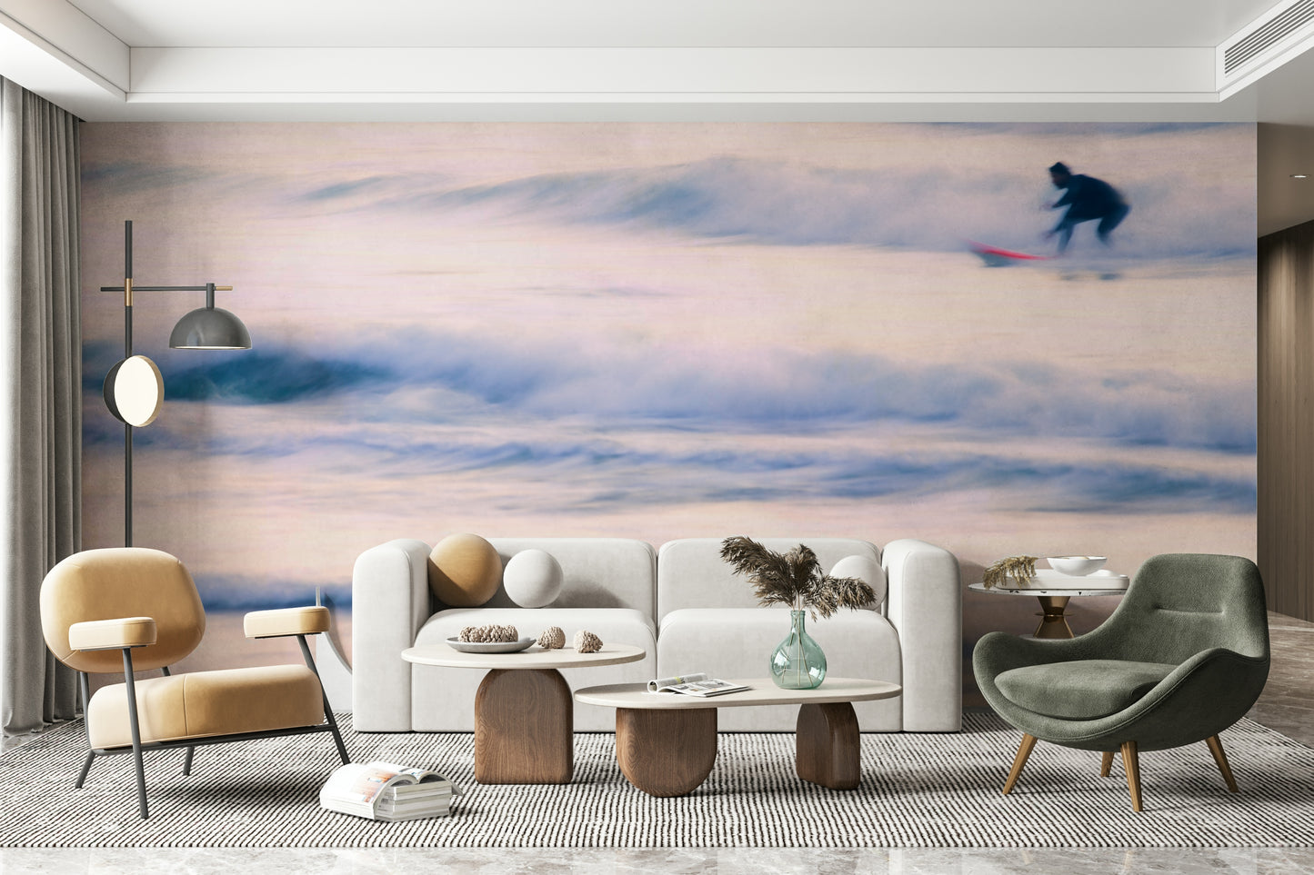 A graceful ocean motion wall mural in cool, natural tones.

