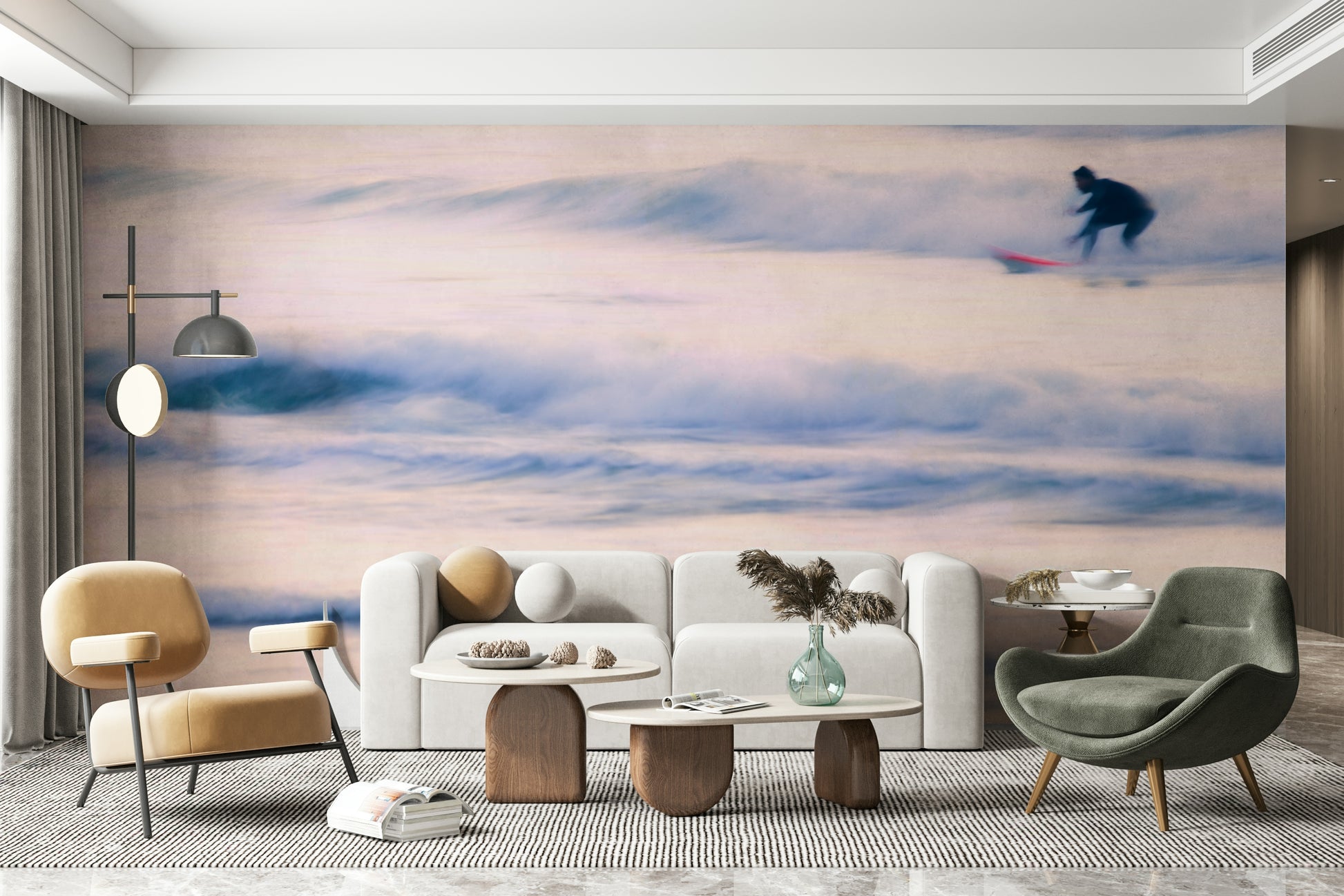 A graceful ocean motion wall mural in cool, natural tones.

