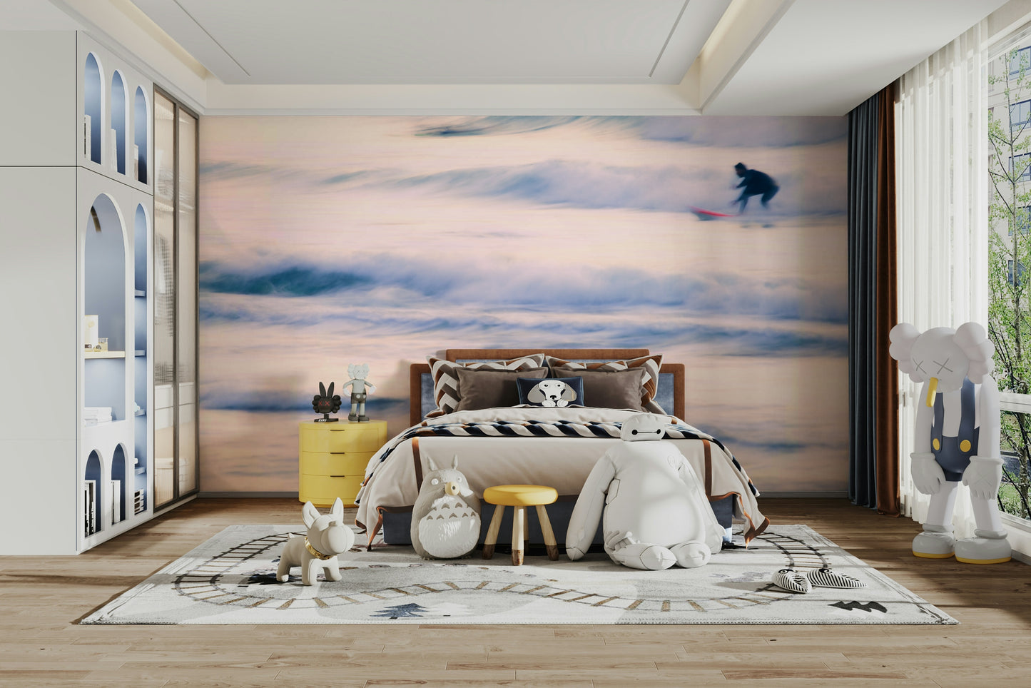 A peaceful seaside view mural on decorative wallpaper.

