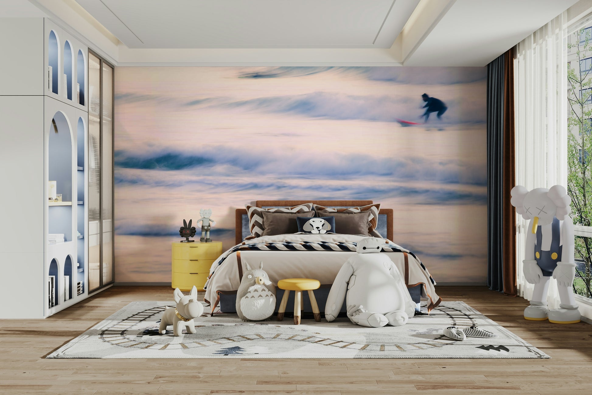 A peaceful seaside view mural on decorative wallpaper.

