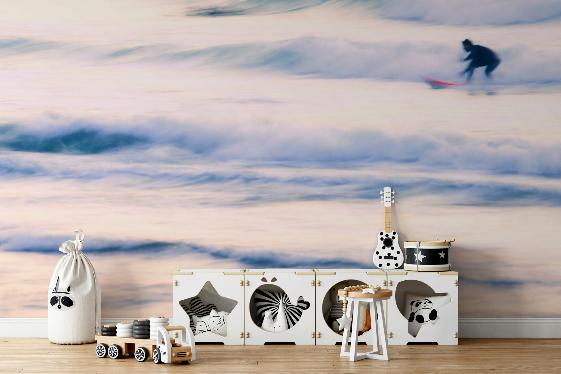 An artistic coastal landscape mural for home decor.

