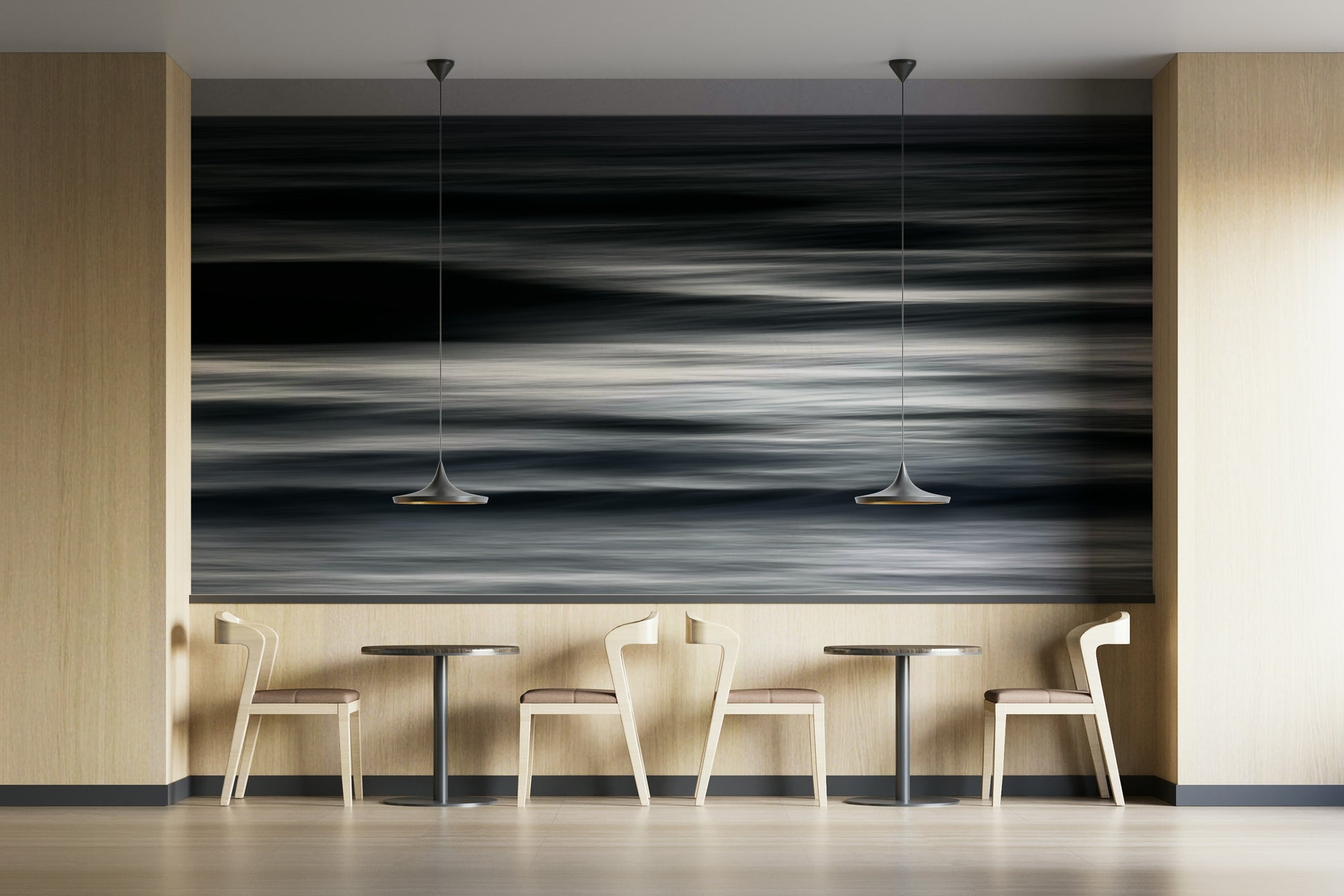 An artistic wave design mural on minimalist wallpaper.

