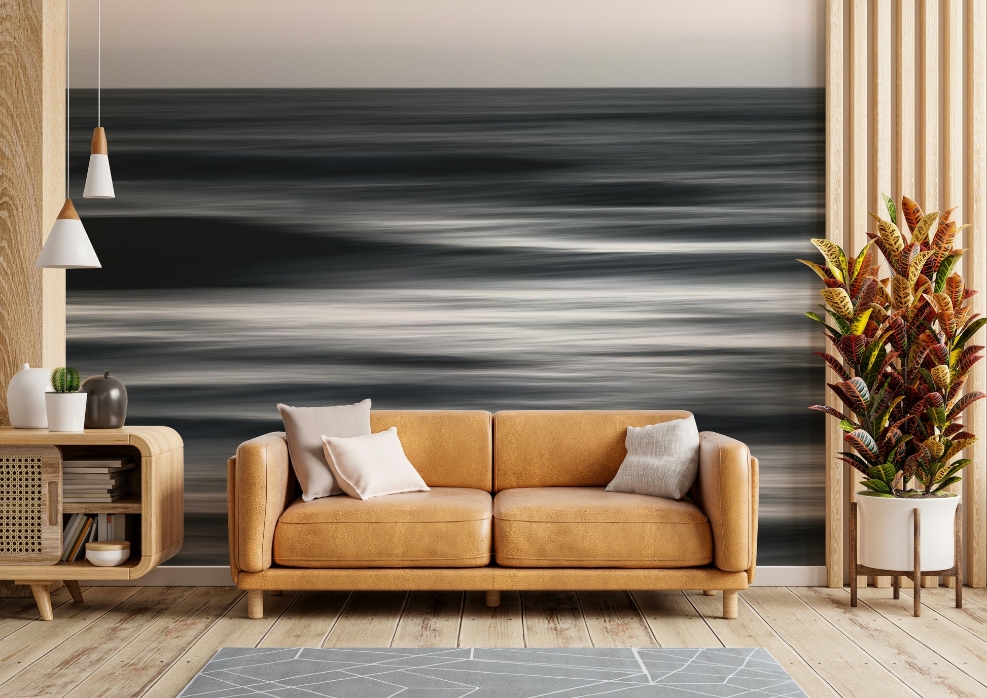 A peaceful seaside view mural on decorative wallpaper.

