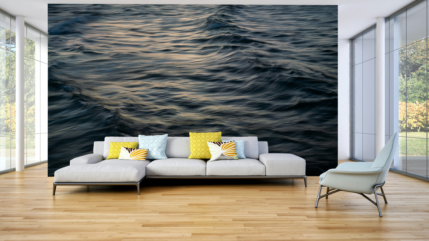 A calming abstract wave wallpaper mural that defines a space.

