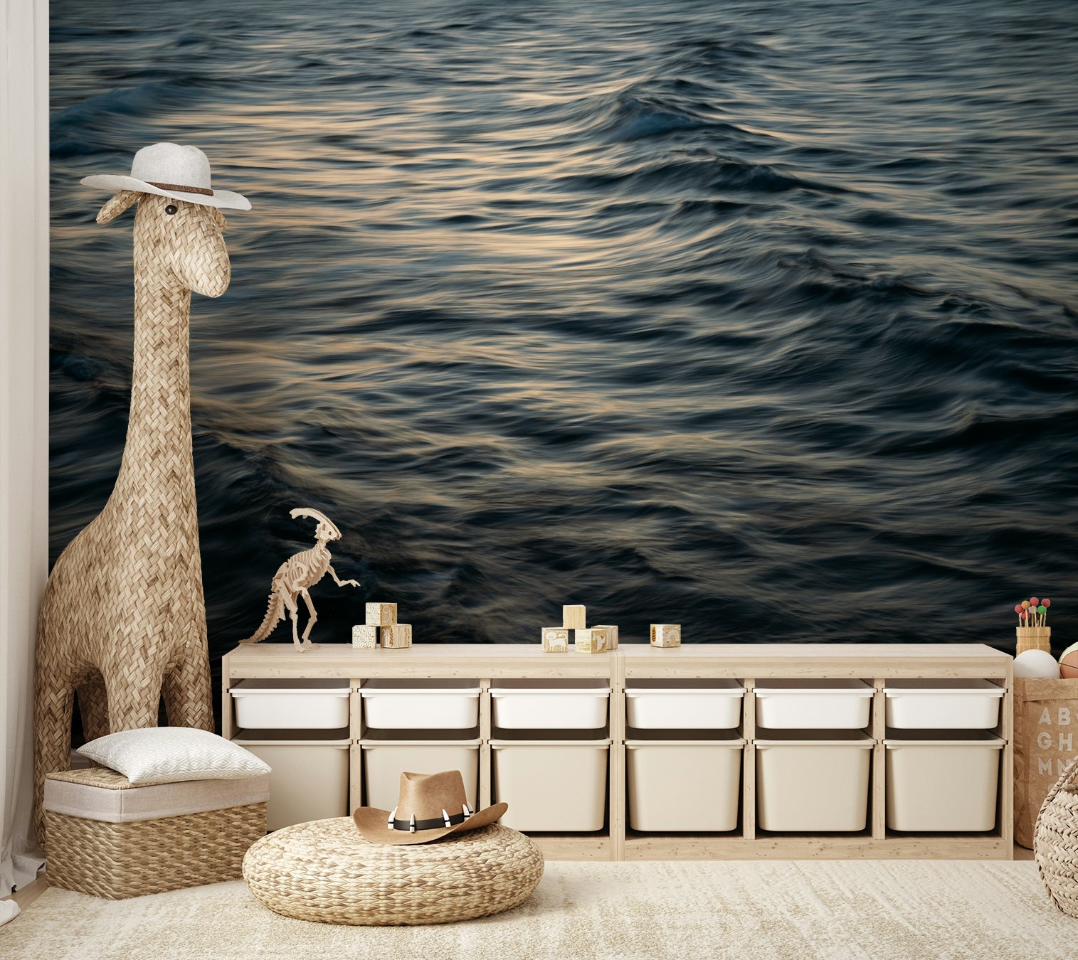 An artistic coastal landscape mural for home decor.

