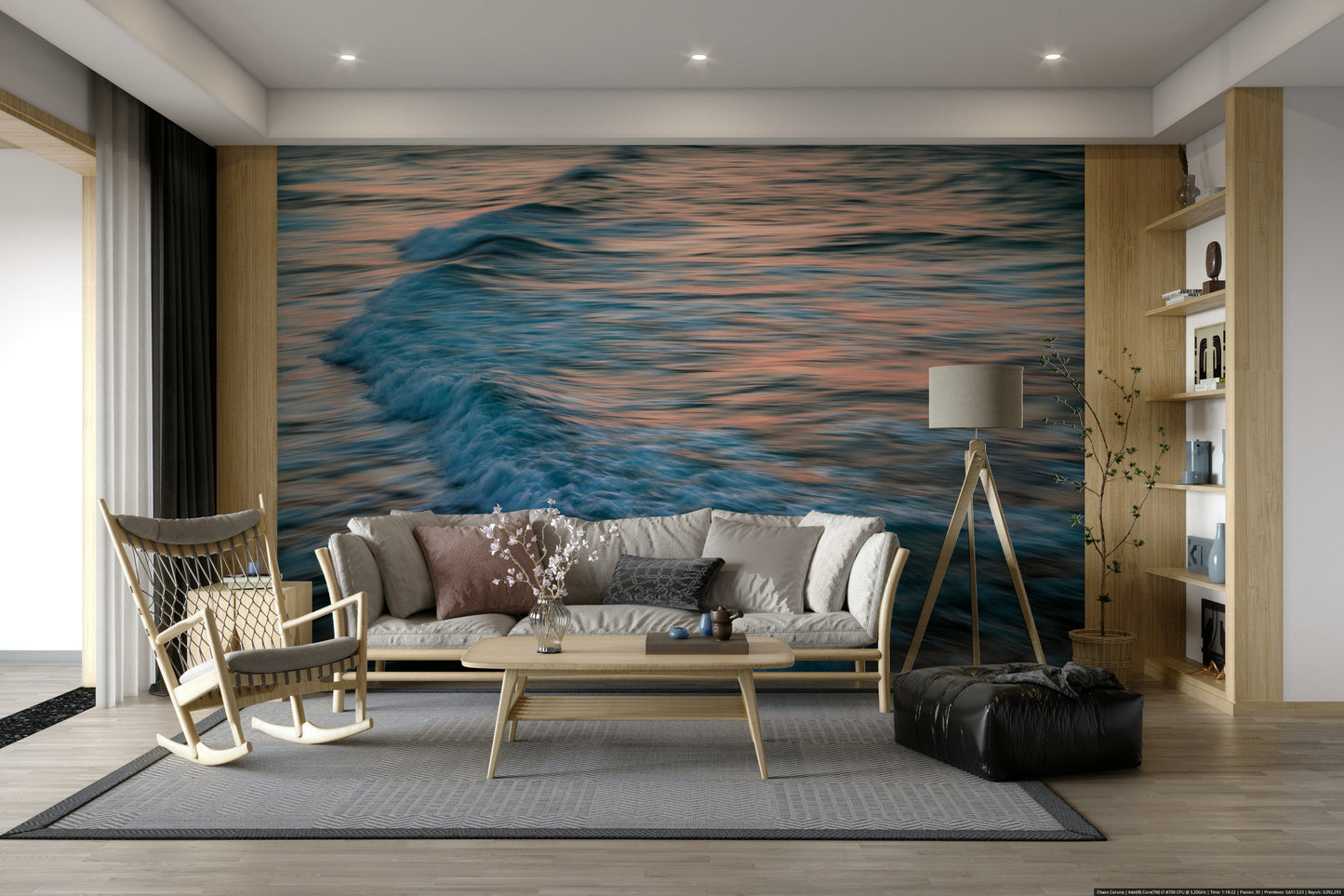 An artistic coastal scene mural on minimalist wallpaper.

