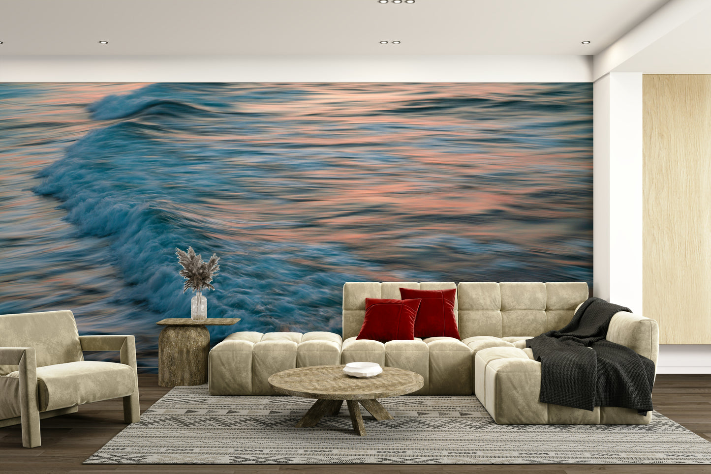 A calming water movement wallpaper mural that defines a space.

