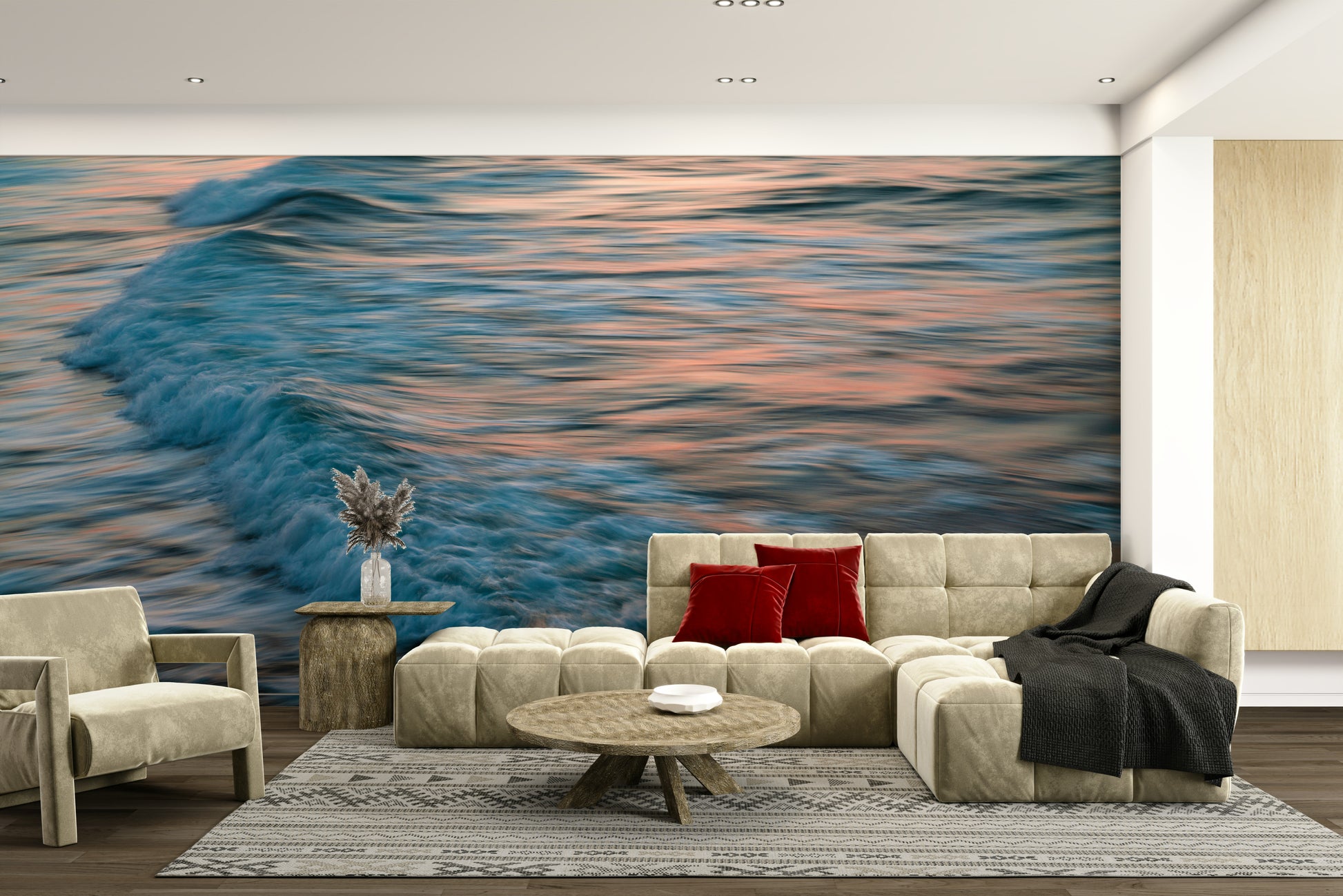 A calming water movement wallpaper mural that defines a space.

