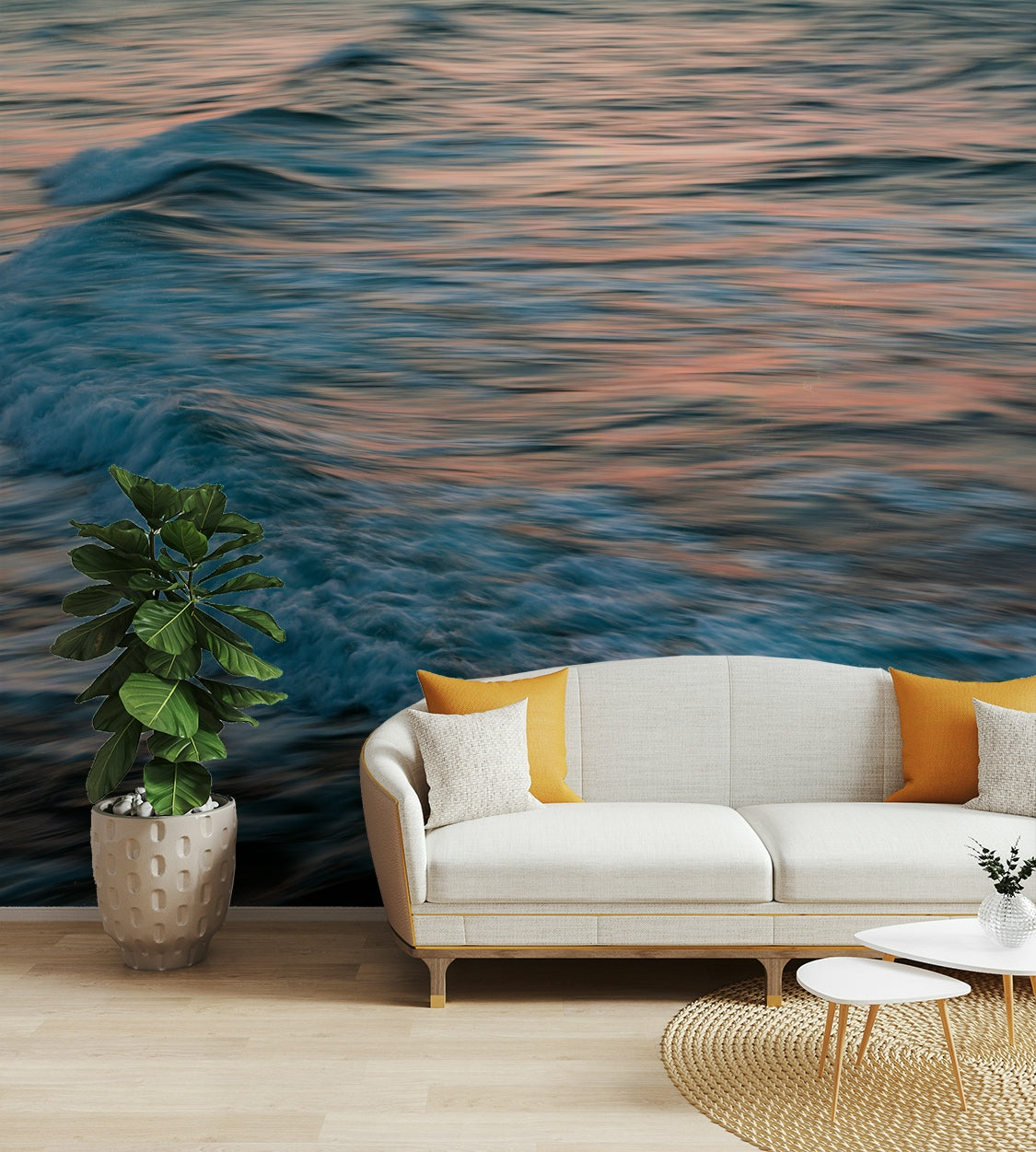 A beautiful abstract ocean wall mural for a living room.

