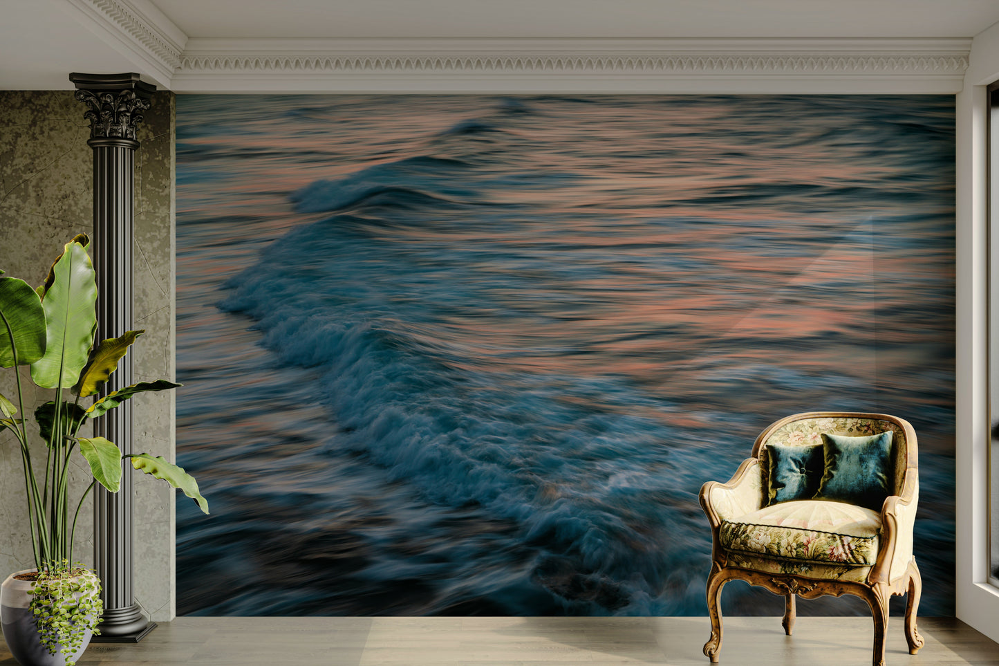 A peaceful open ocean mural on decorative wallpaper.

