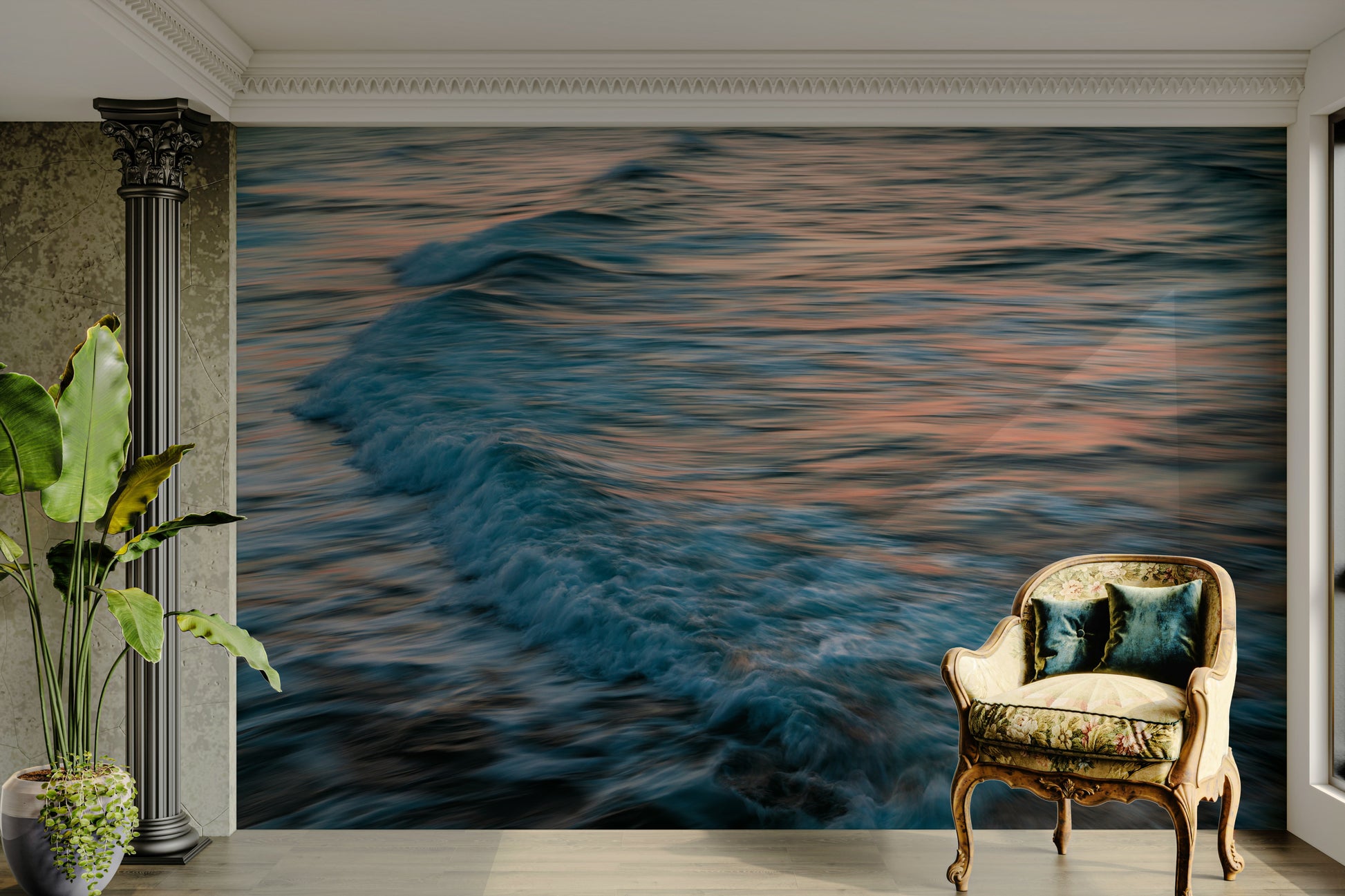 A peaceful open ocean mural on decorative wallpaper.

