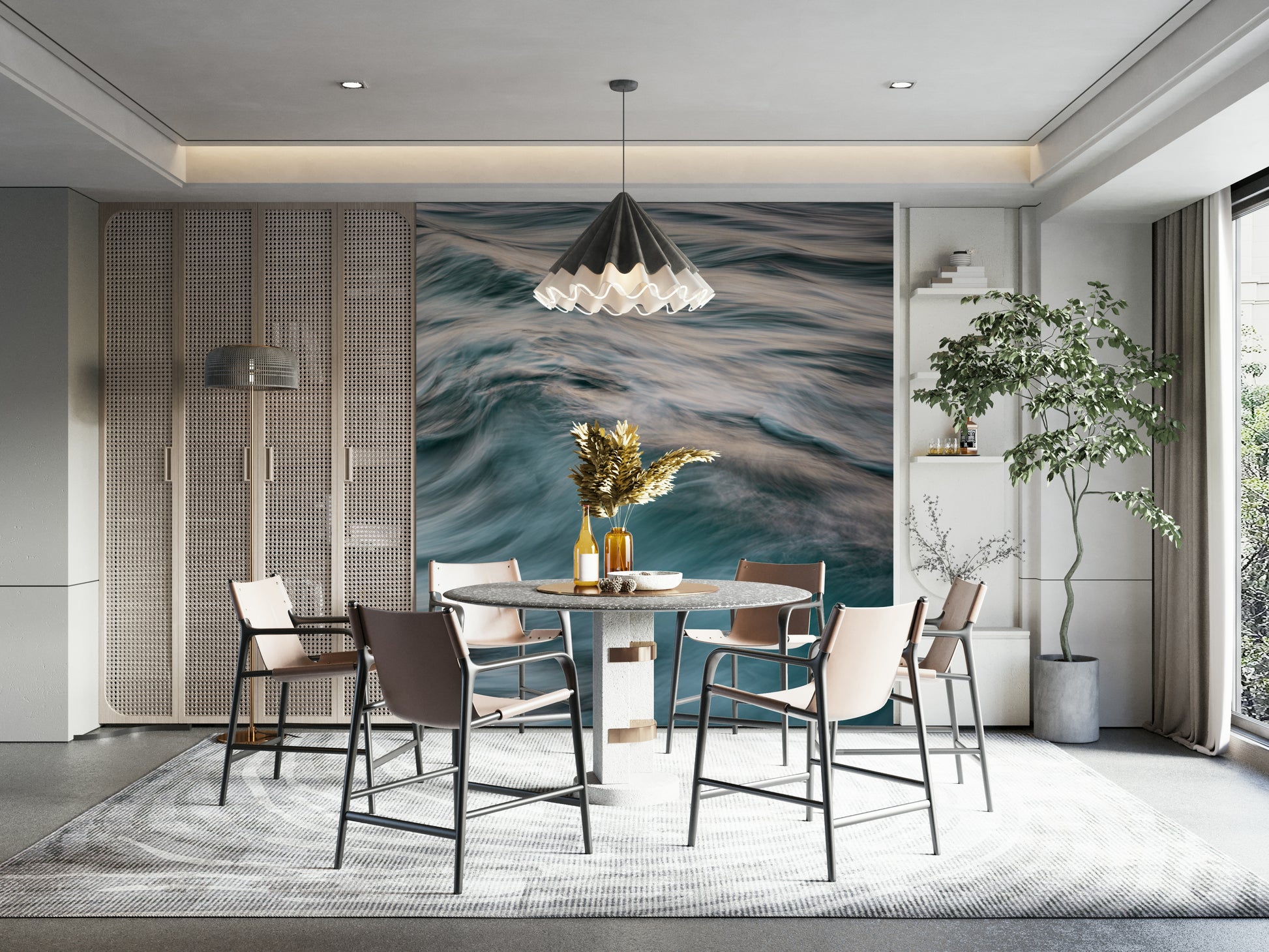 A tranquil coastal sea wall mural for your decor.

