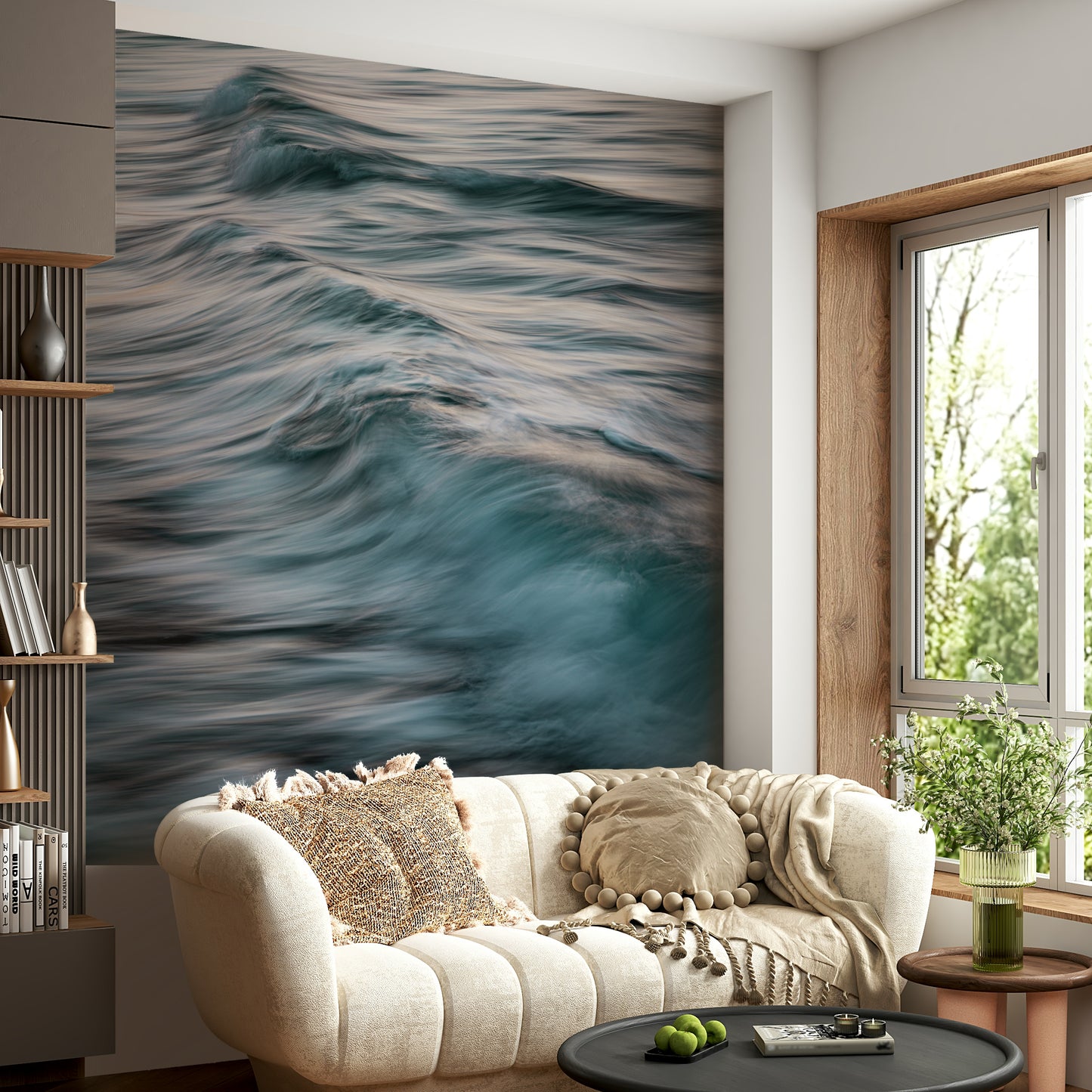 An artistic coastal landscape mural for home decor.

