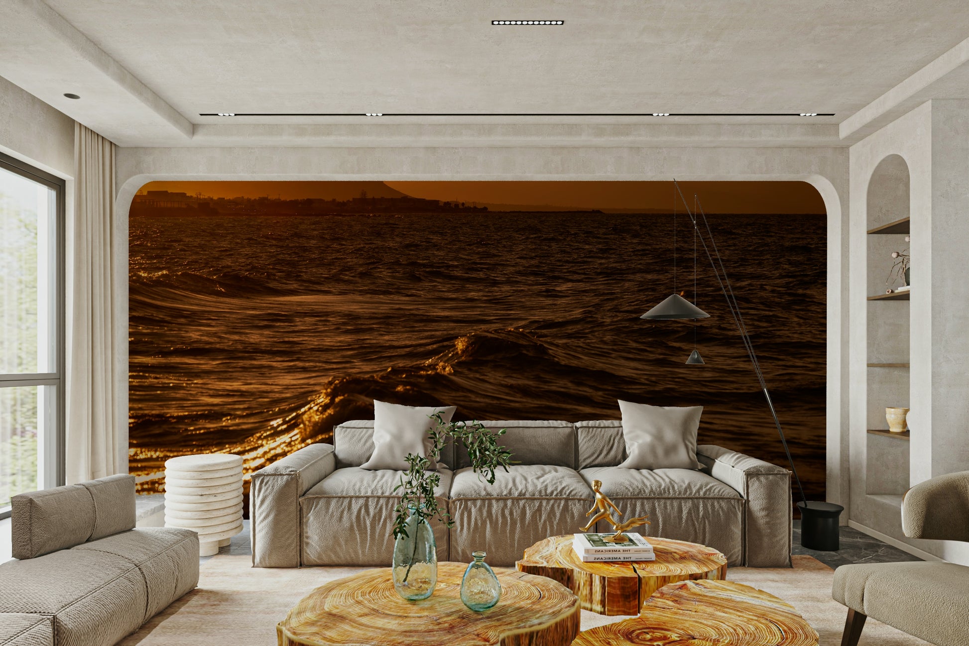 A contemplative seaside village wallpaper mural for a feature wall.

