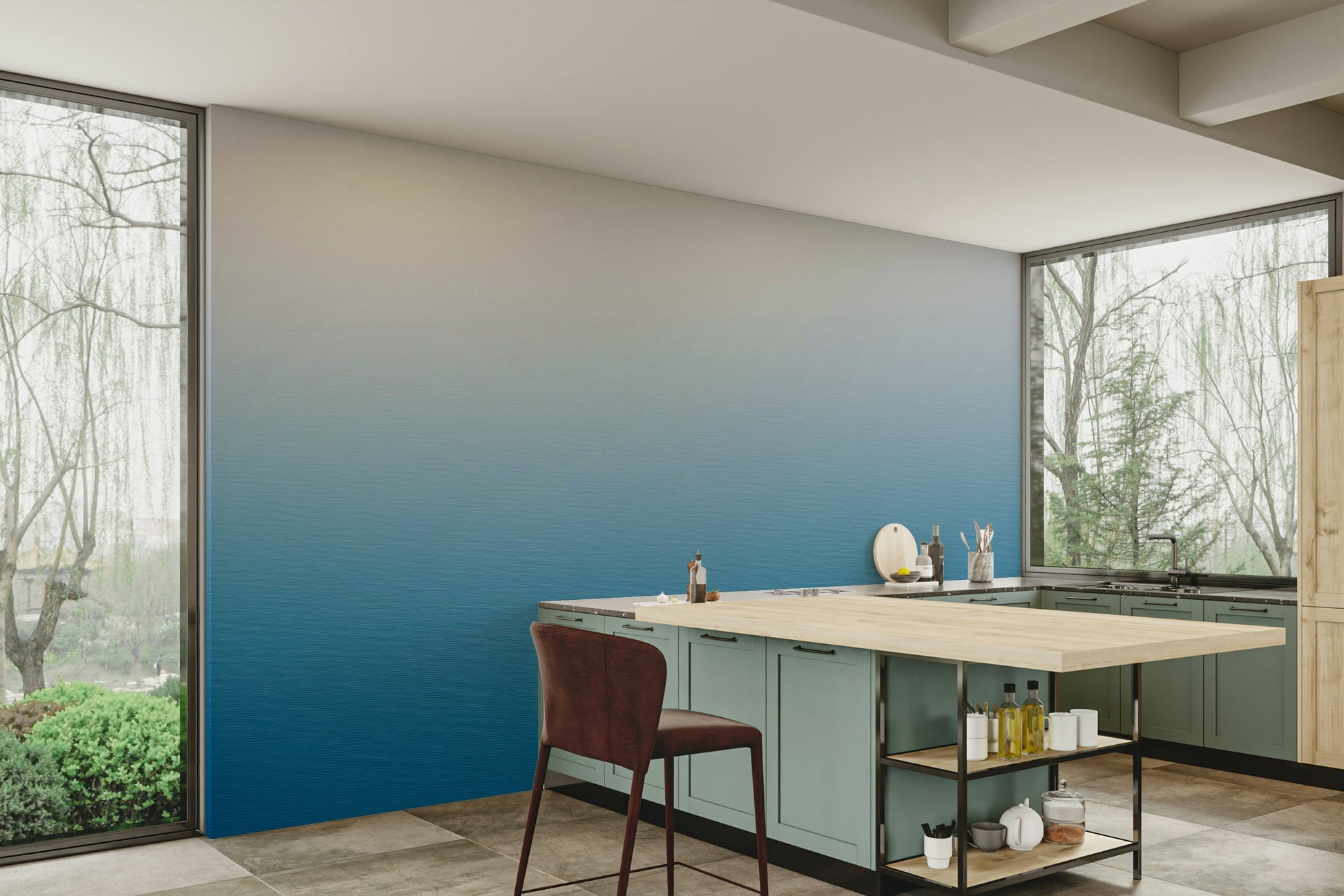 A peaceful tranquil sea mural on decorative wallpaper.



