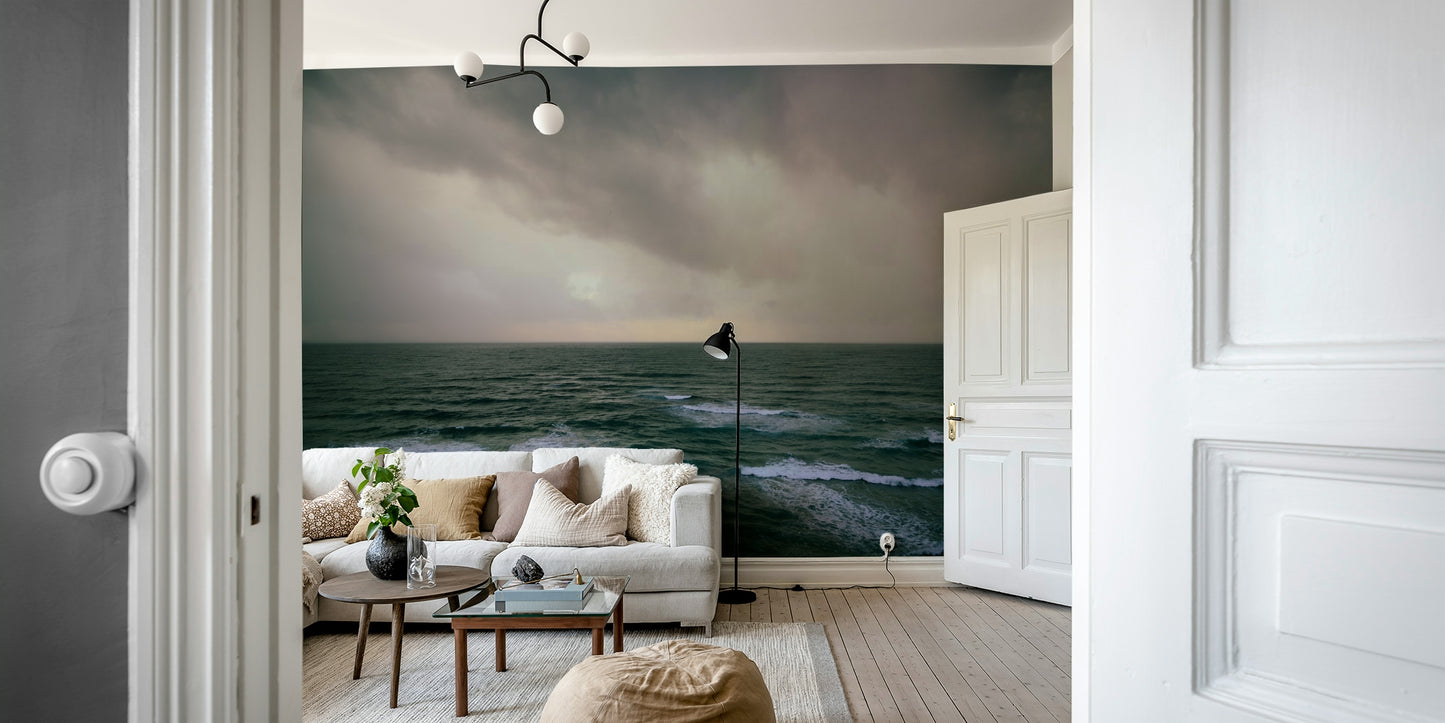 A graceful abstract shape wall mural in soft tones.

