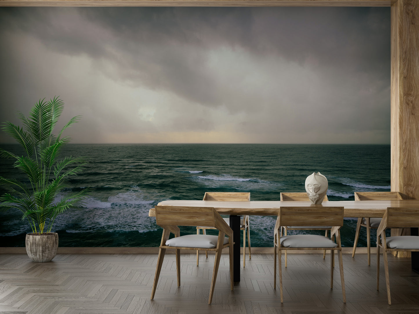 A calming light effect wallpaper mural that defines a space.

