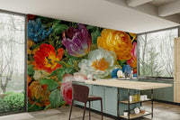 A peaceful vibrant bloom mural on decorative wallpaper.

