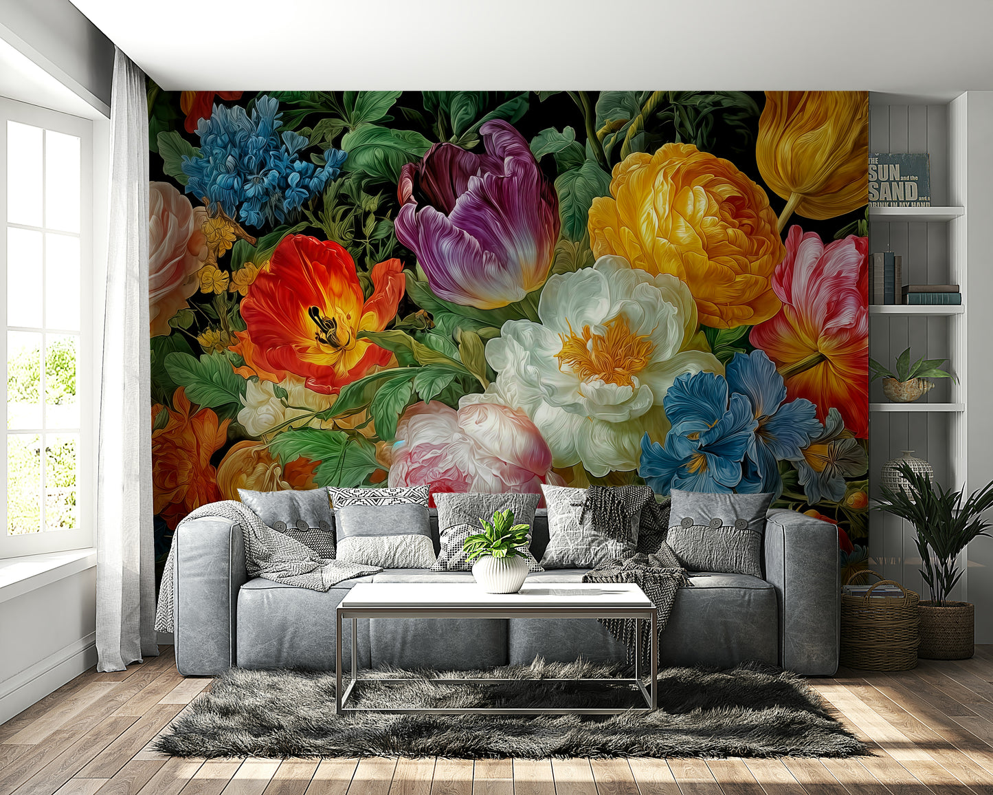 A beautiful Dutch Masters wallpaper mural with vibrant flowers.

