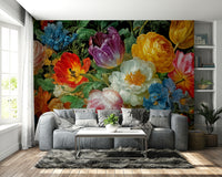 A beautiful Dutch Masters wallpaper mural with vibrant flowers.

