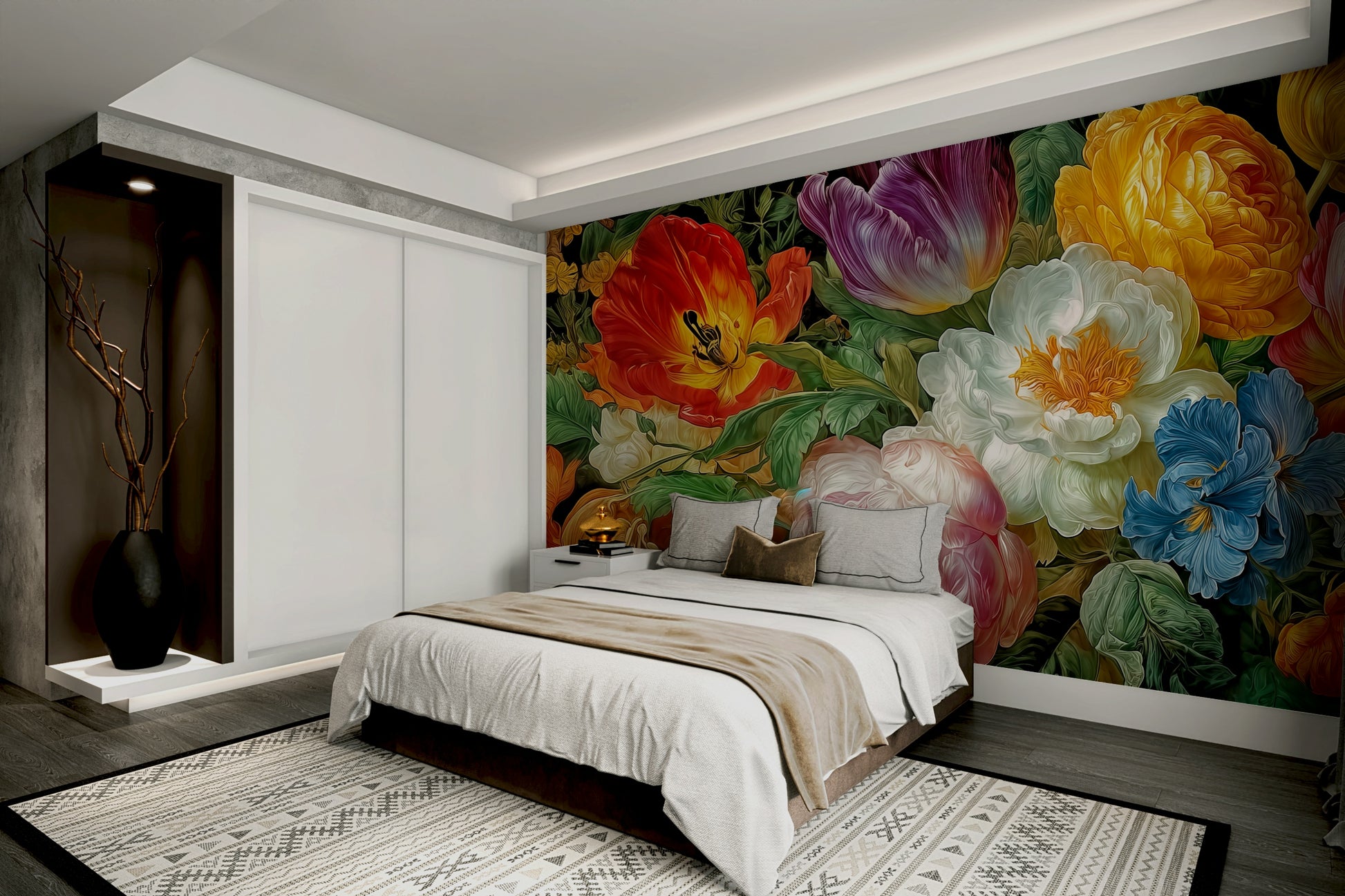 An artistic dark floral mural for home decor.

