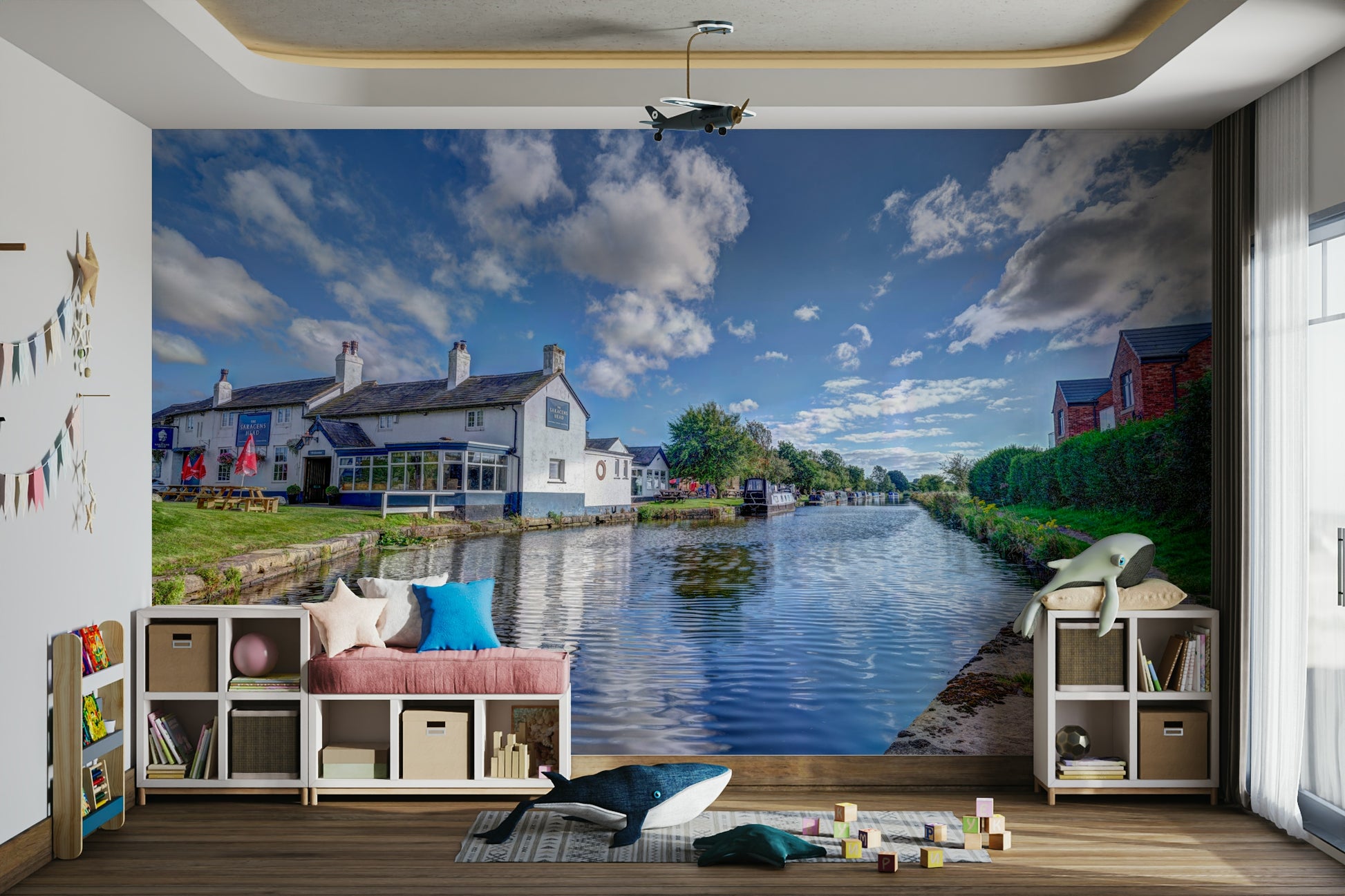 A peaceful canal view mural on decorative wallpaper.

