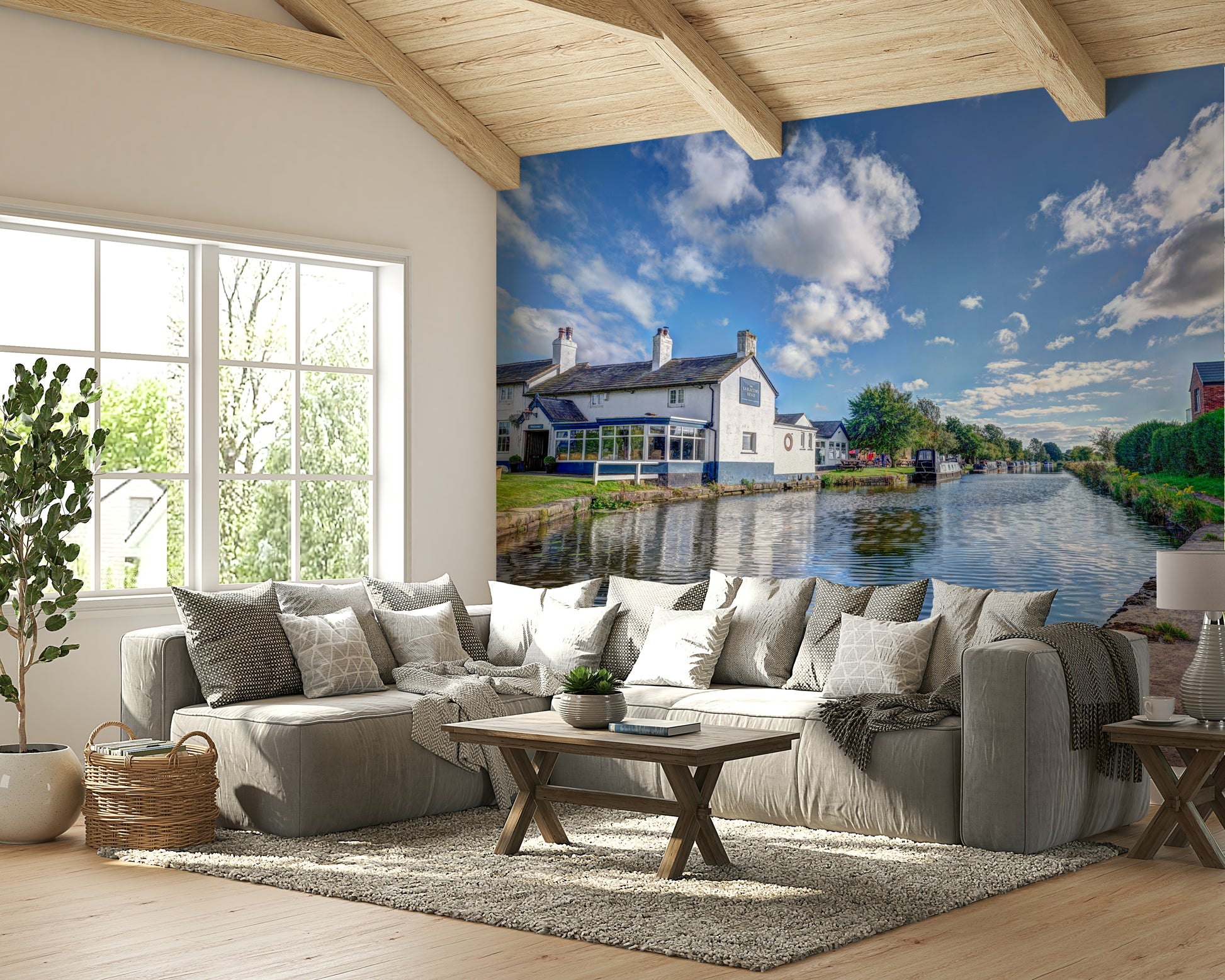 An artistic waterway scene mural on scenic wallpaper.

