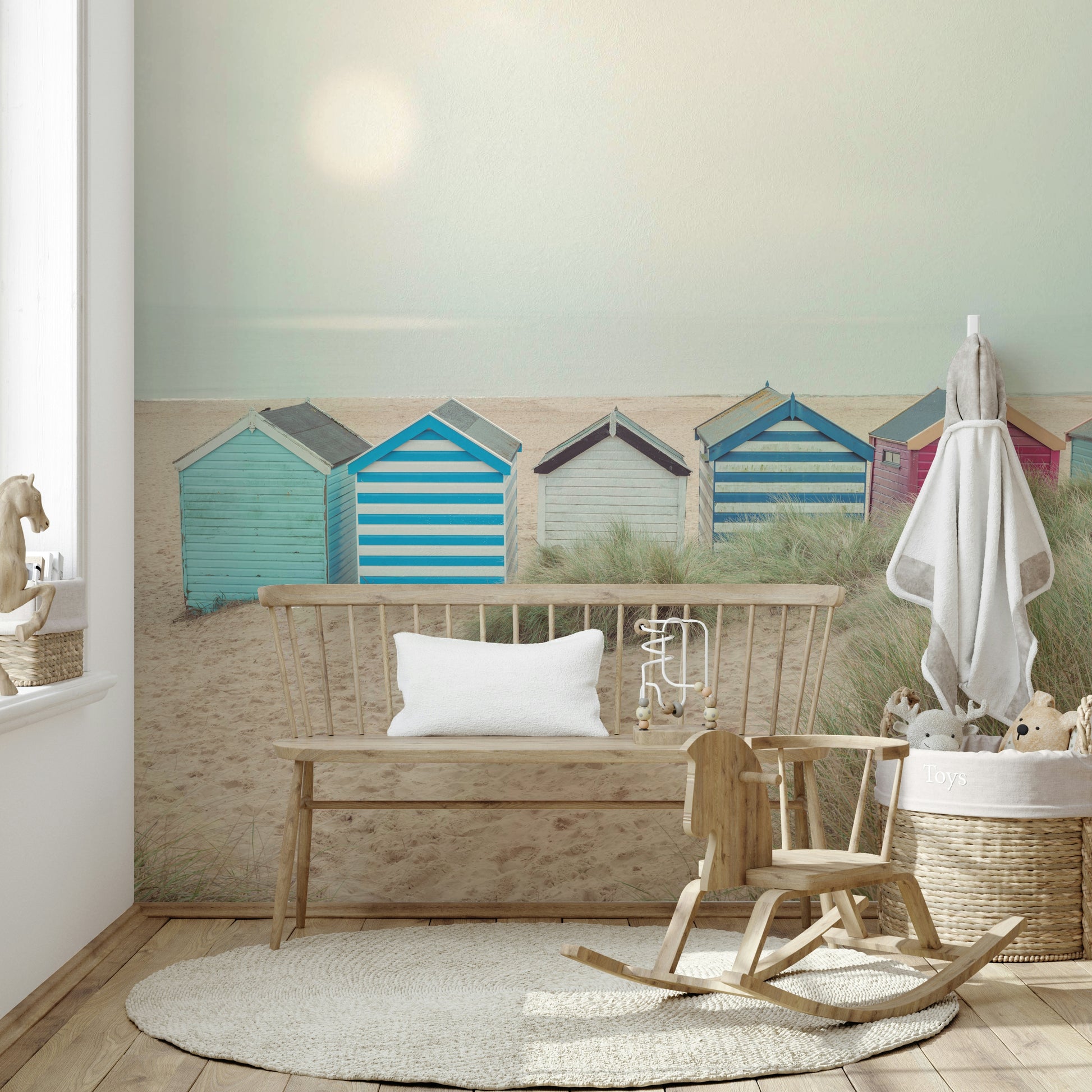 A calming colorful shed wallpaper mural that defines a space.

