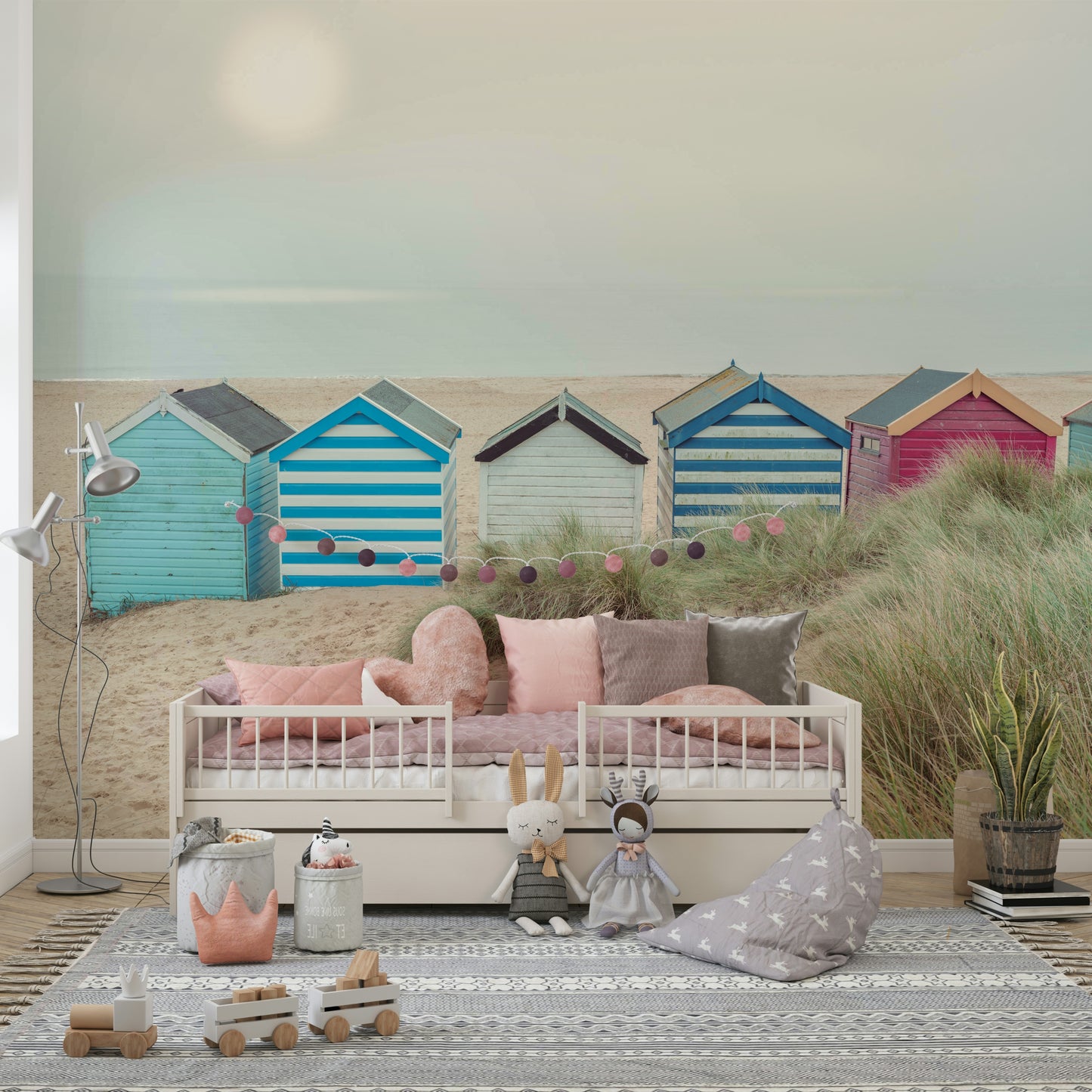 A peaceful coastal scene mural on decorative wallpaper.

