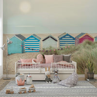 A peaceful coastal scene mural on decorative wallpaper.

