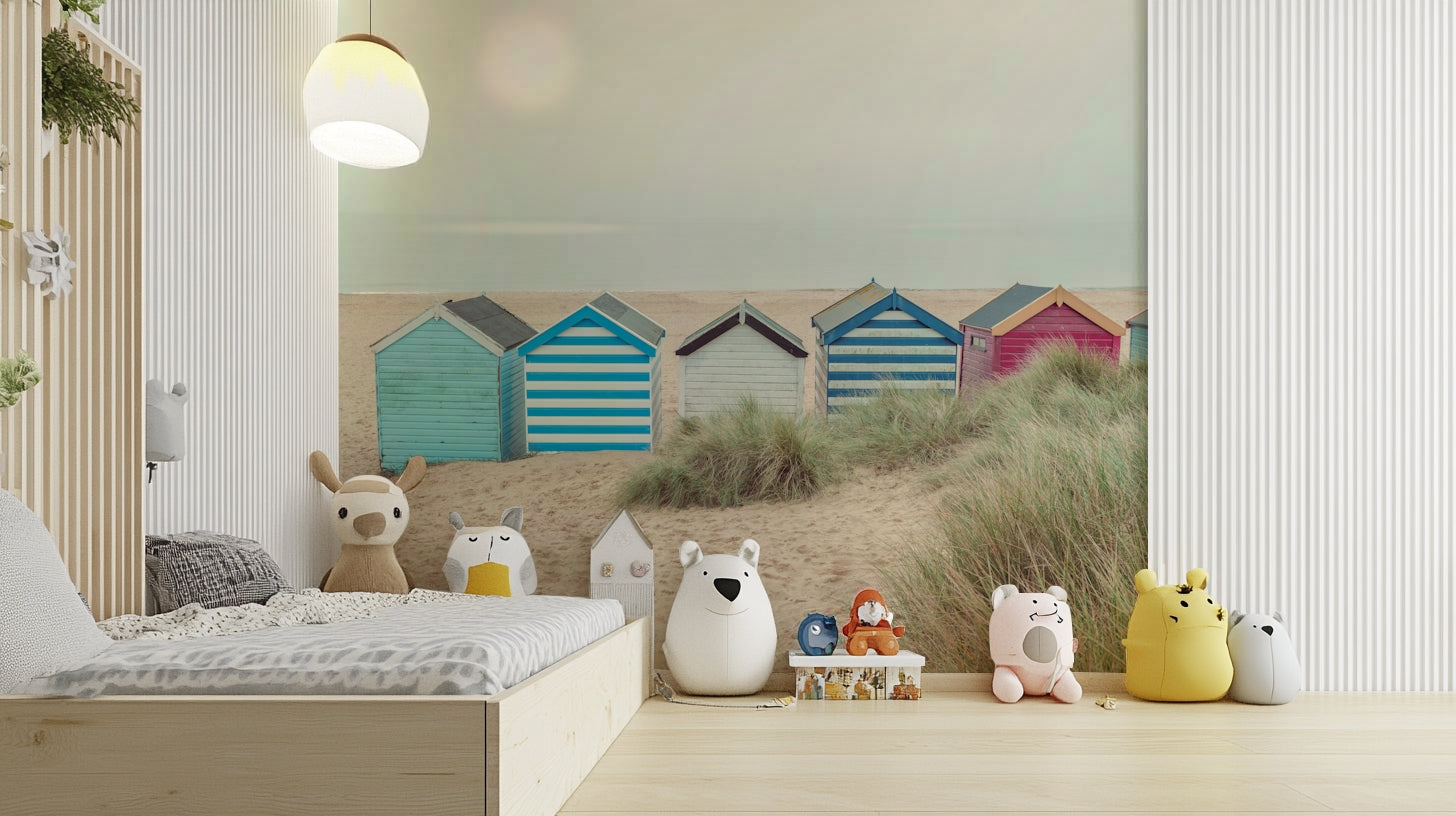 A classic beach hut wallpaper for walls.

