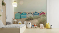 A classic beach hut wallpaper for walls.

