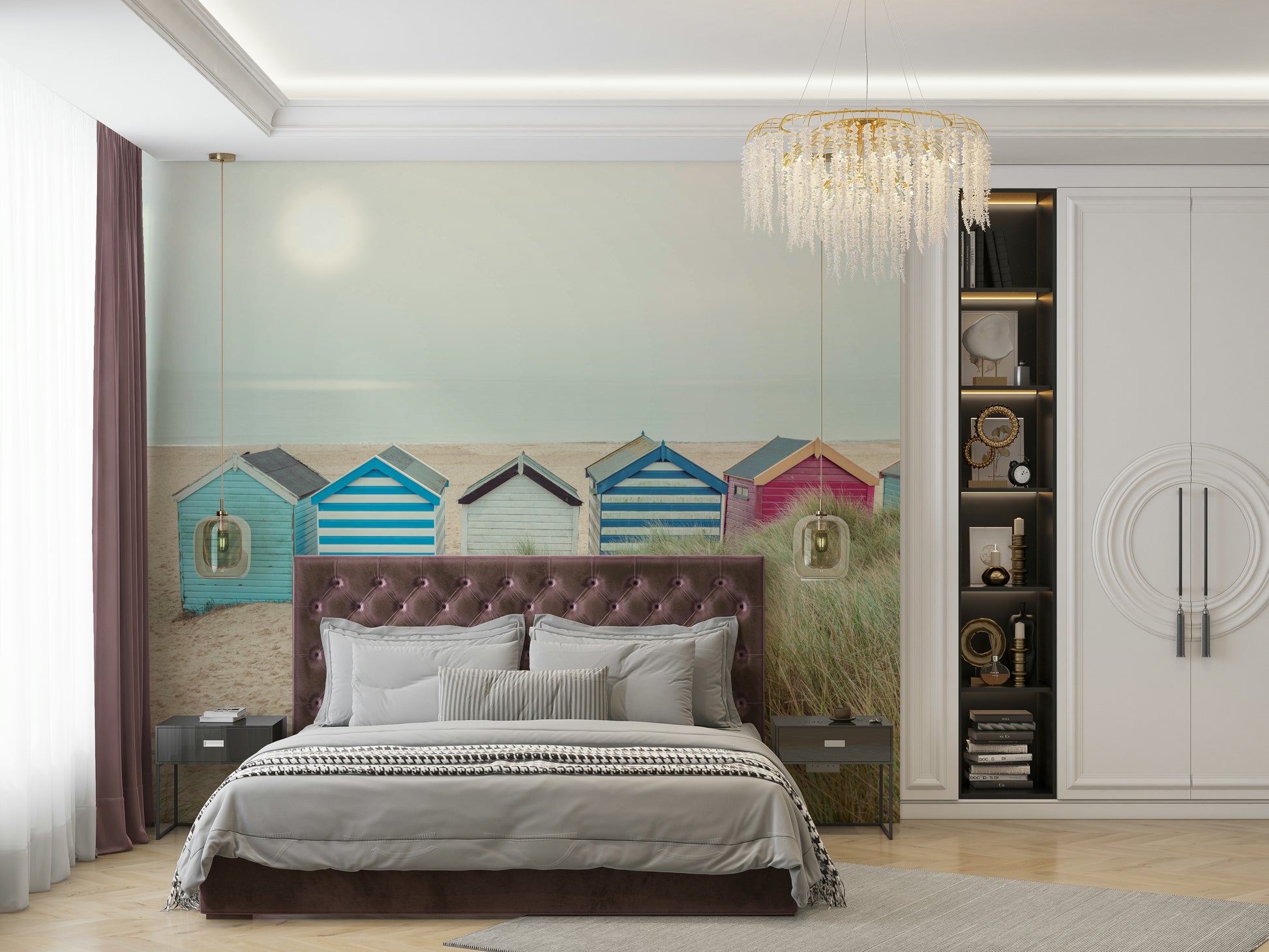 A beautiful row of colorful beach hut wallpaper mural.

