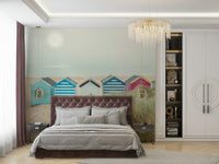 A beautiful row of colorful beach hut wallpaper mural.


