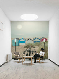 A graceful seaside shack wall mural in bright, fun tones.

