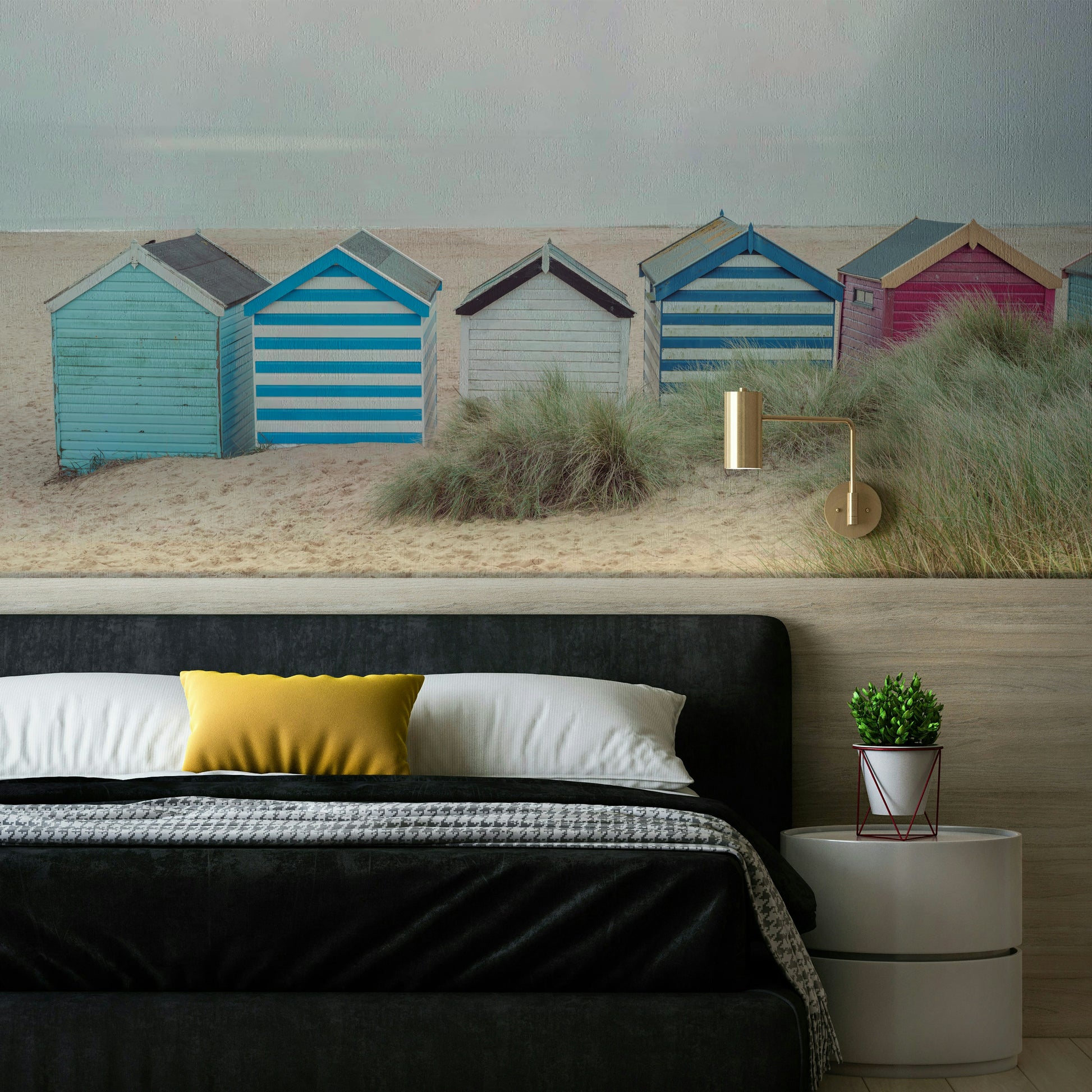 An artistic seaside view mural on minimalist wallpaper.

