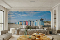 A graceful seaside shack wall mural in bright tones.

