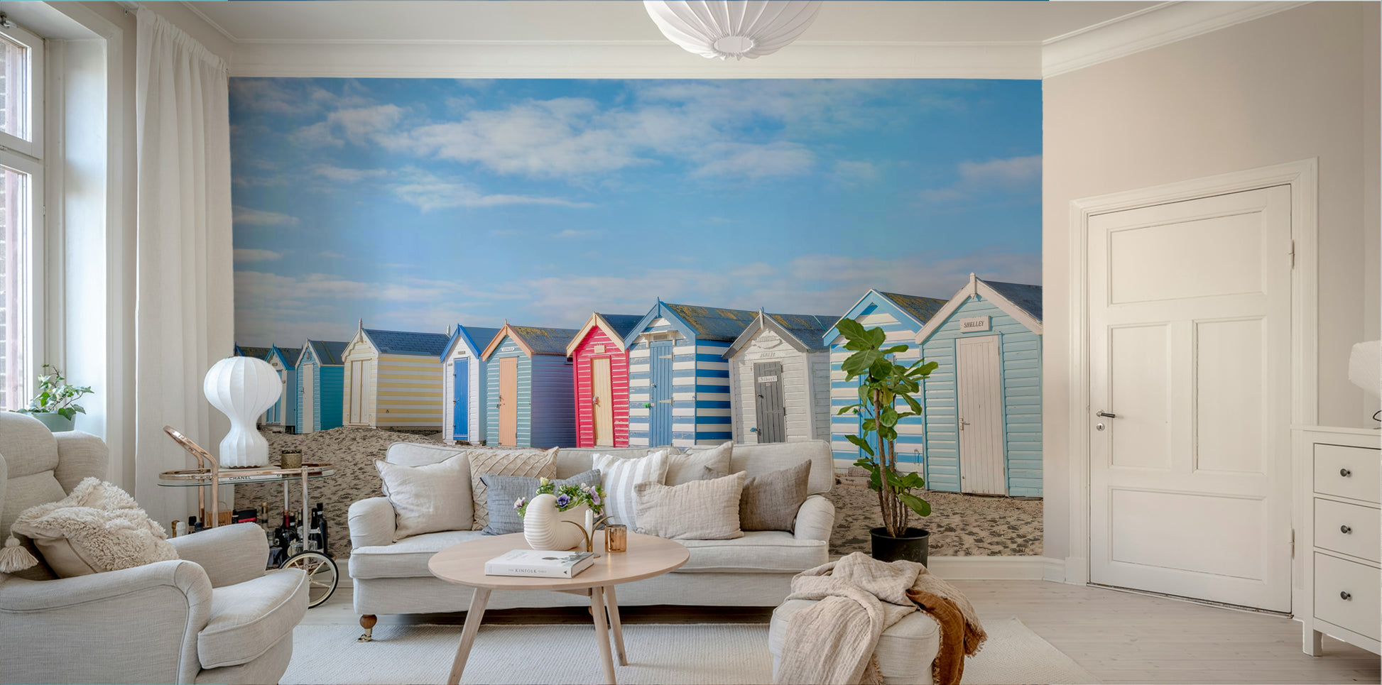 A beautiful oceanfront wall mural for a living room.

