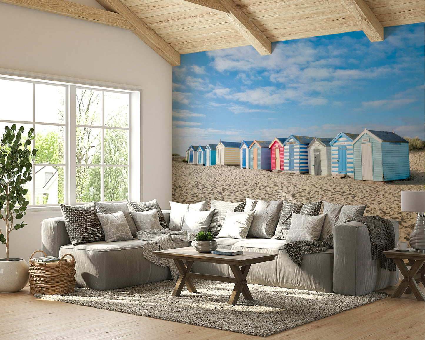 A peaceful summer beach mural on decorative wallpaper.

