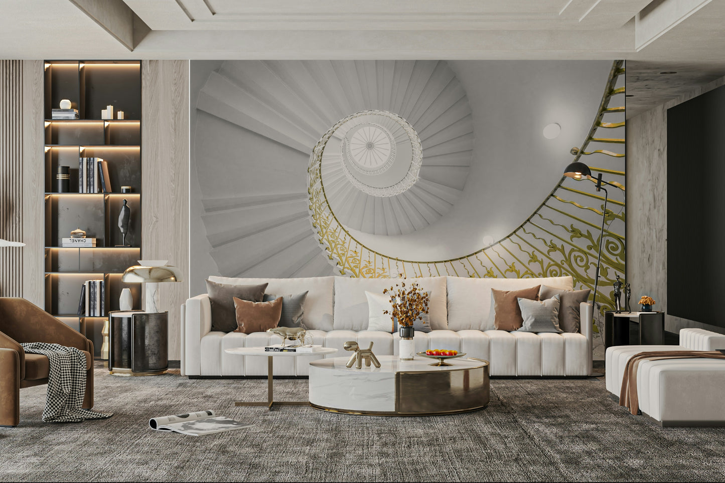 A contemplative spiral stairs wallpaper mural for a feature wall.


