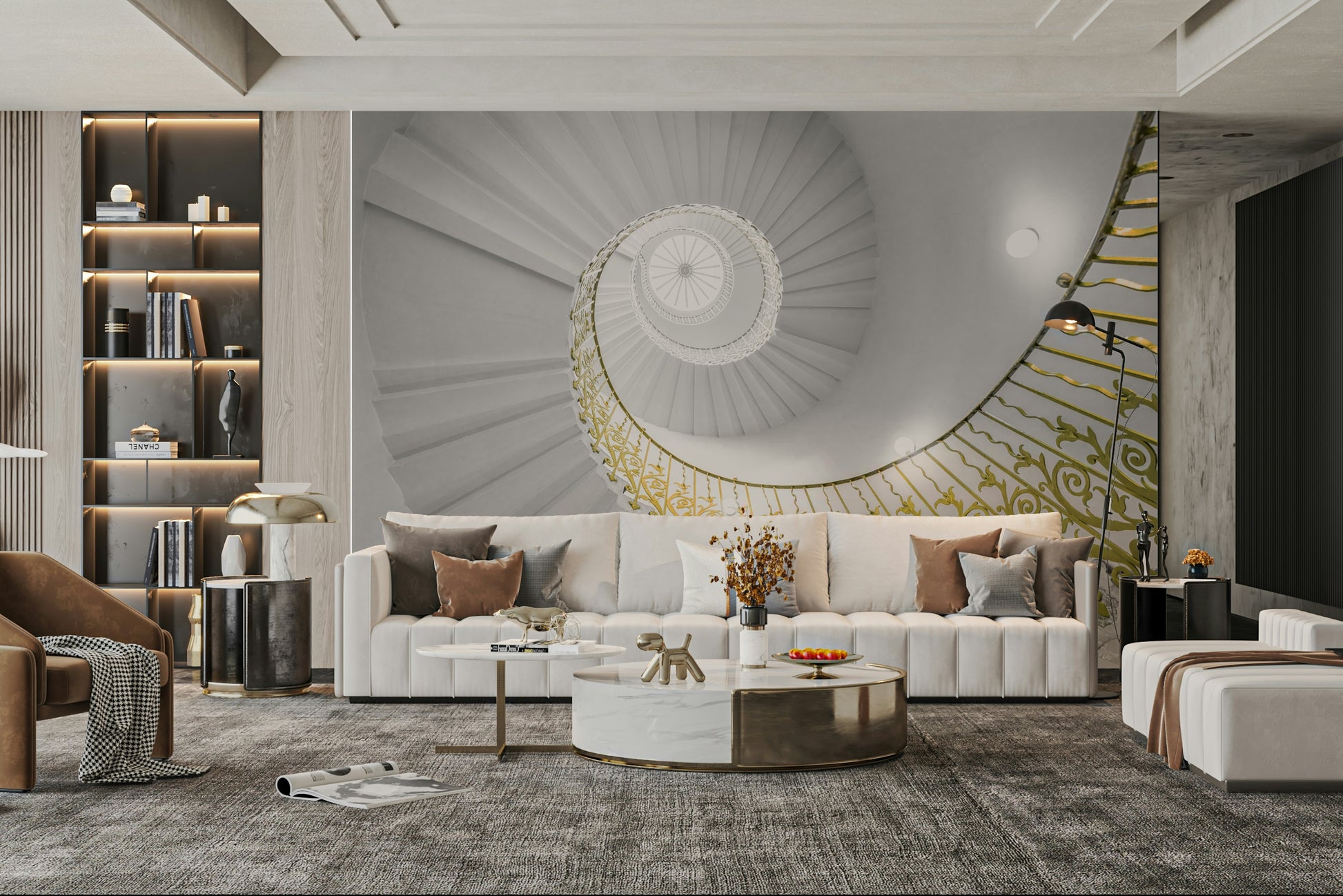 A contemplative spiral stairs wallpaper mural for a feature wall.

