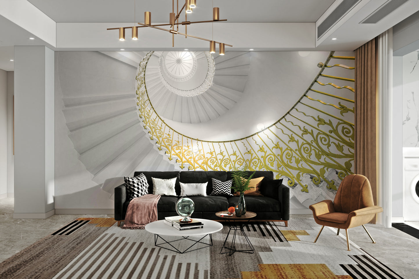 A peaceful architectural mural on decorative wallpaper.

