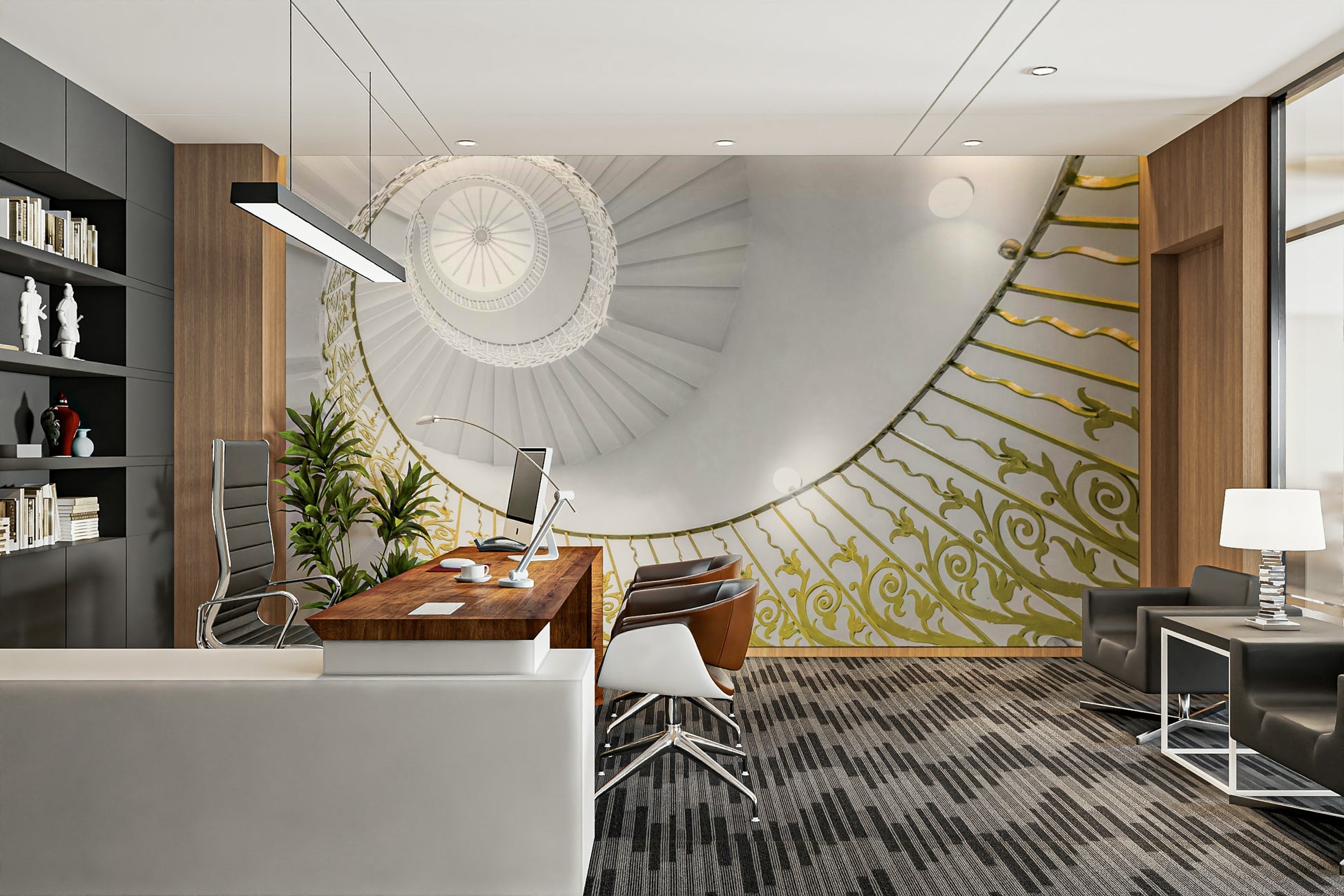An artistic elegant staircase mural on luxury wallpaper.


