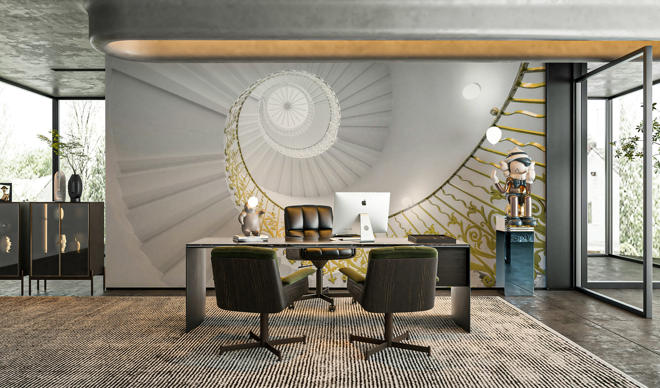 A beautiful spiral stairs wallpaper mural with gold accents.

