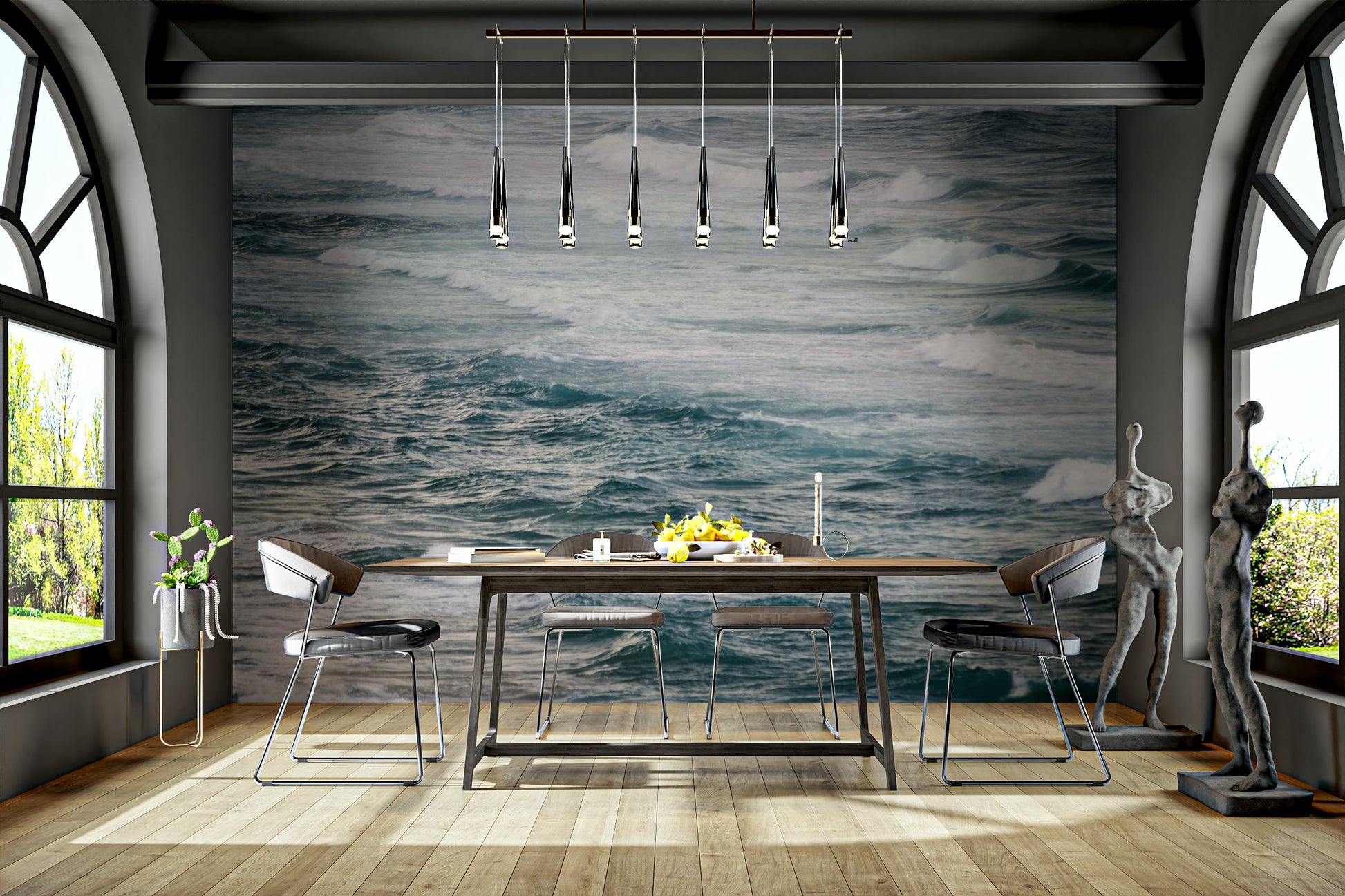A peaceful seaside view mural on decorative wallpaper.

