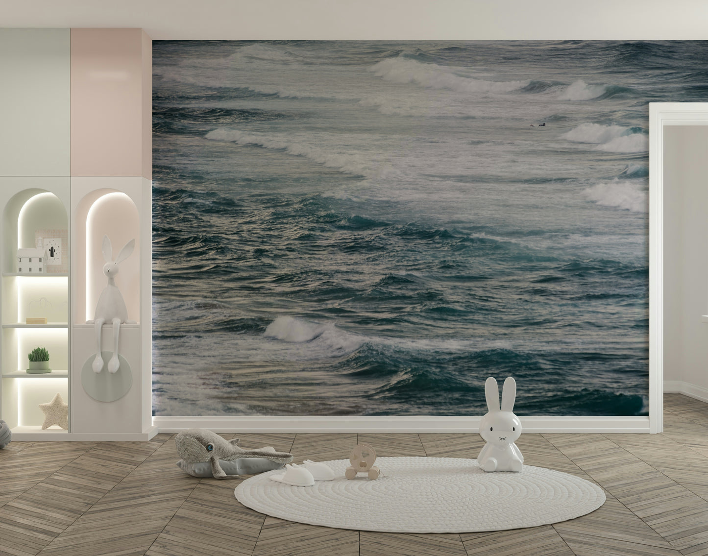 A graceful wave motion wall mural in cool, natural tones.

