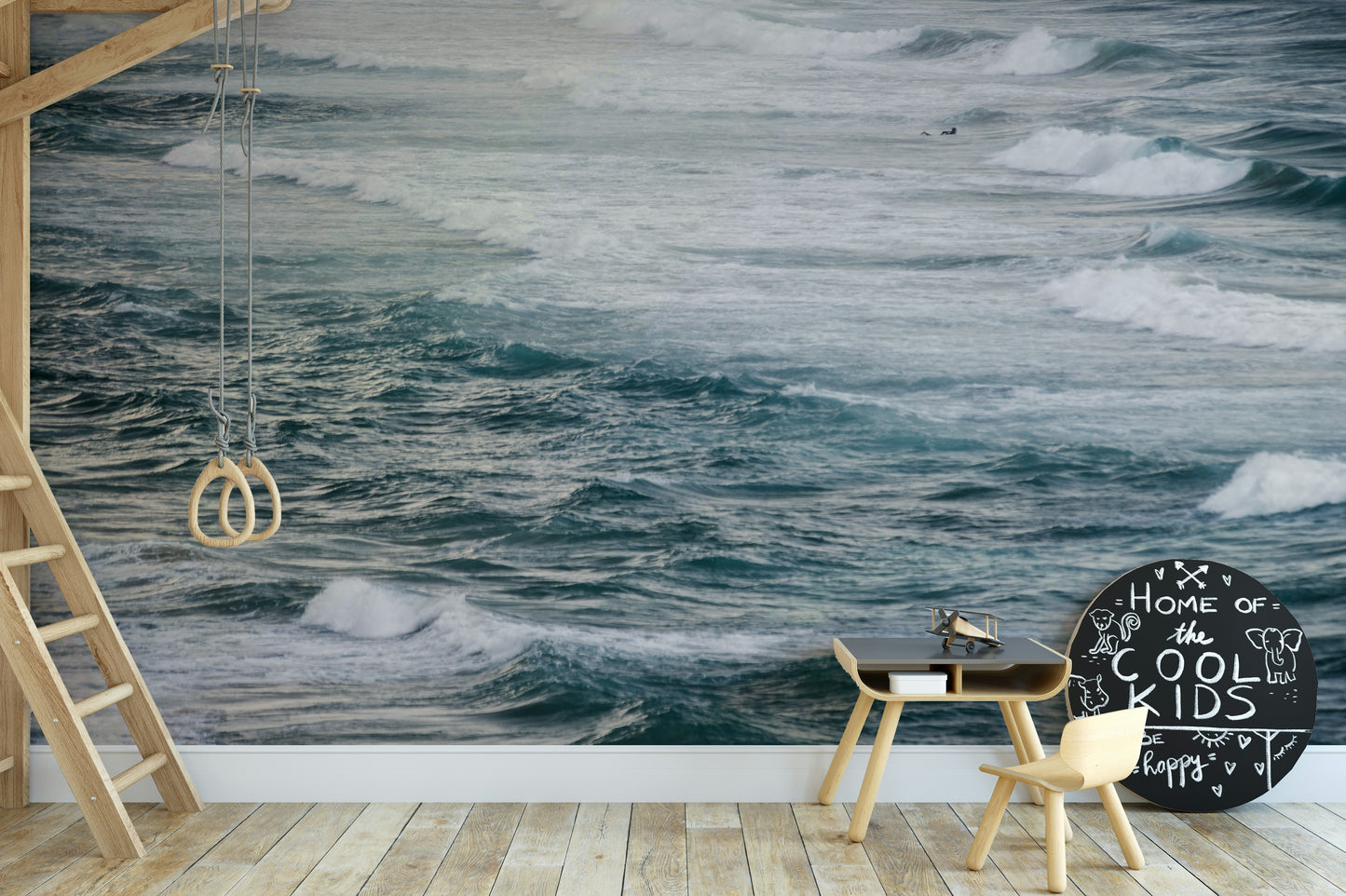 An artistic coastal scene mural on minimalist wallpaper.

