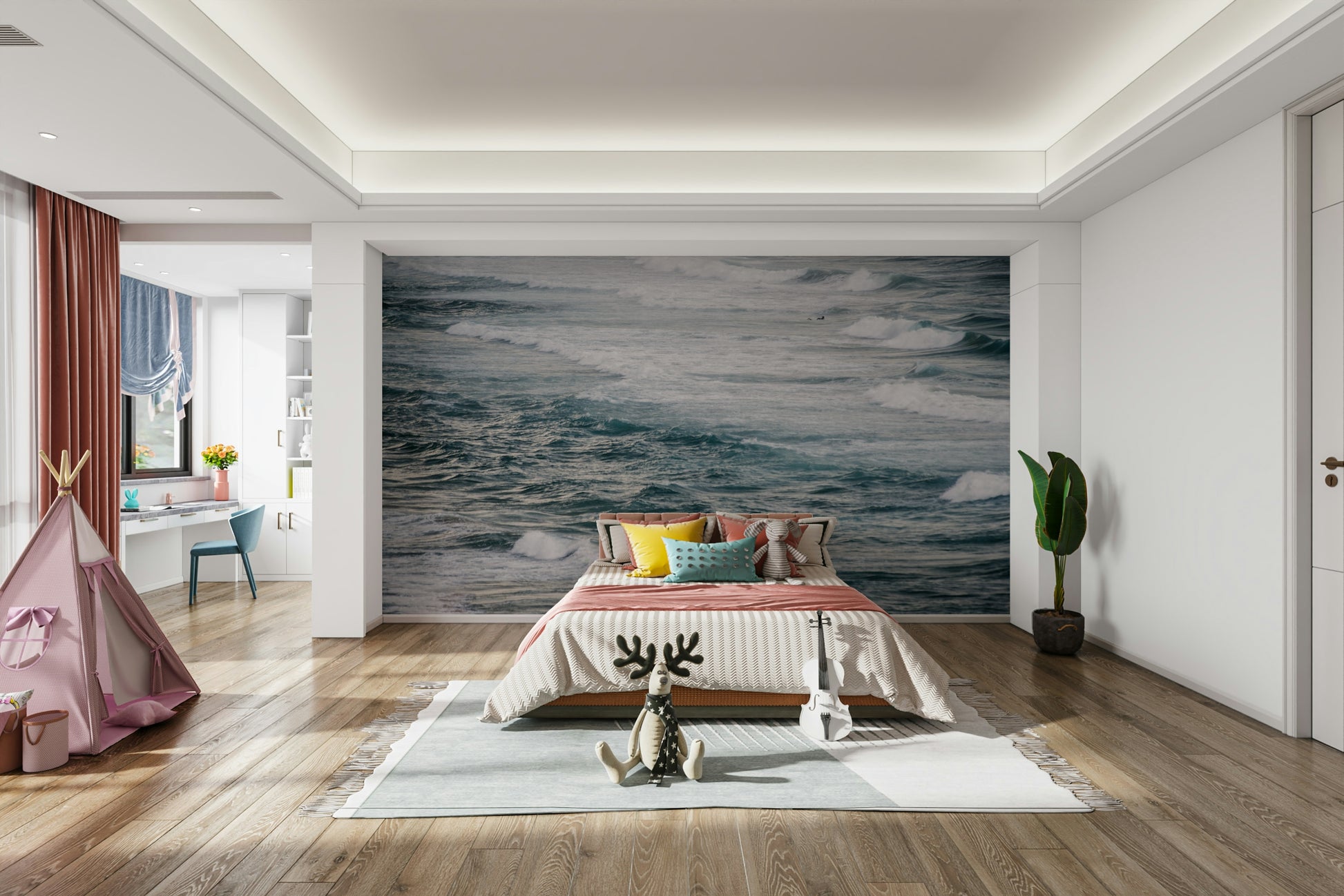 A beautiful dramatic ocean wallpaper mural with crashing waves.

