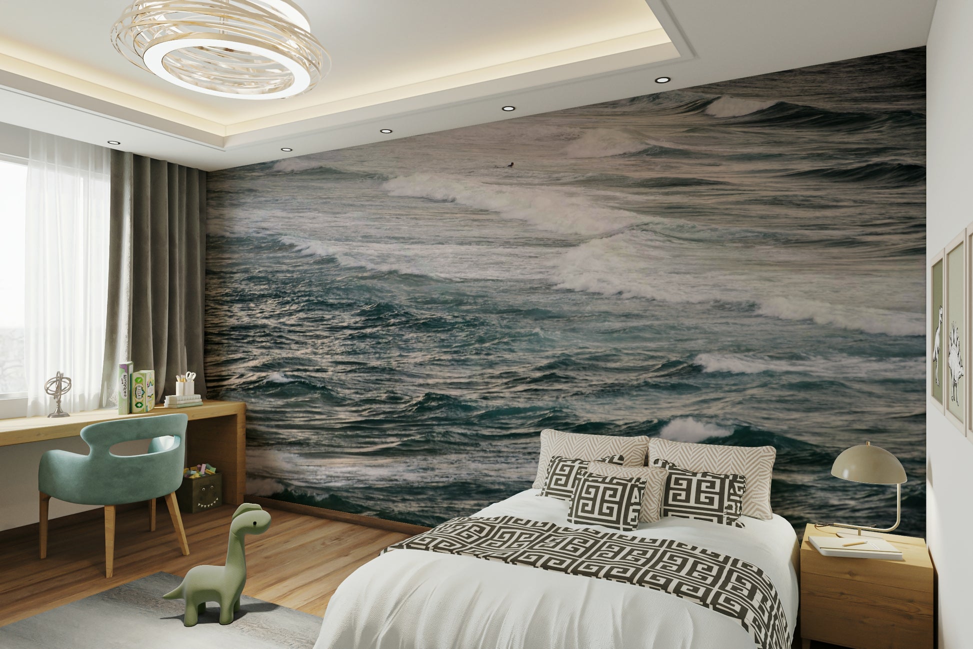 A calming water movement wallpaper mural that defines a space.

